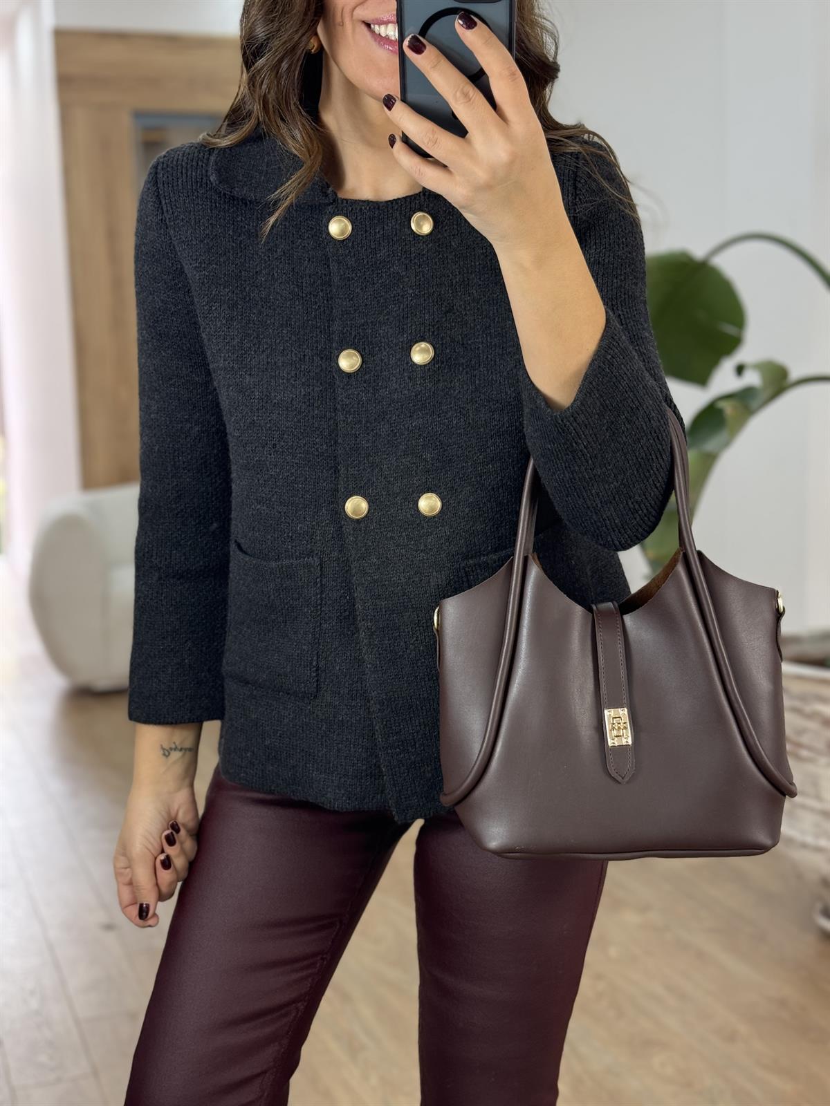 Dilvin Polo Yaka Düğmeli Cepli Triko Hırka - Antresit