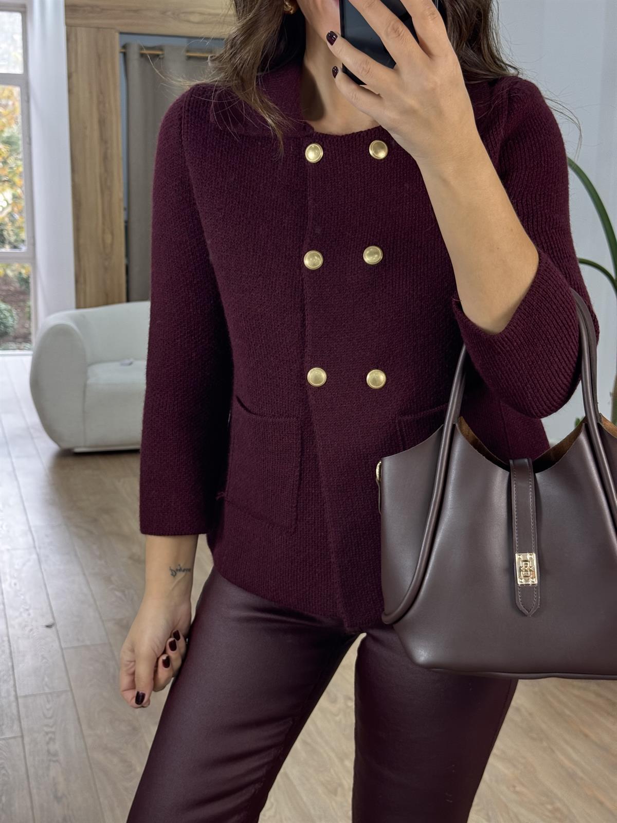 Dilvin Polo Yaka Düğmeli Cepli Triko Hırka - Bordo