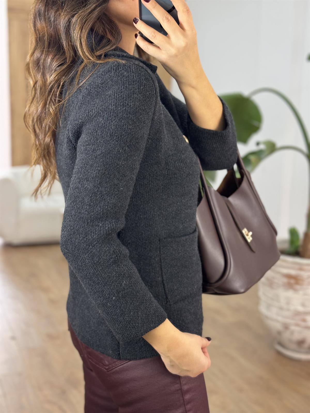 Dilvin Polo Yaka Düğmeli Cepli Triko Hırka - Antresit