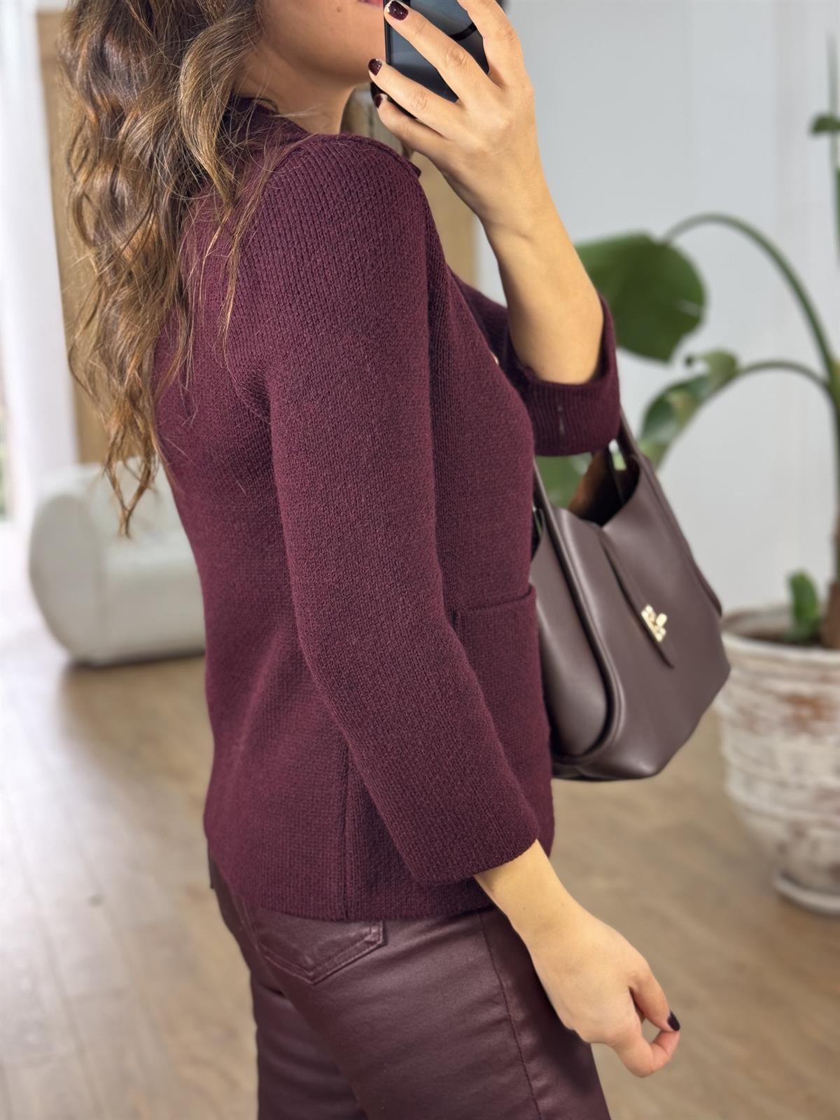 Dilvin Polo Yaka Düğmeli Cepli Triko Hırka - Bordo