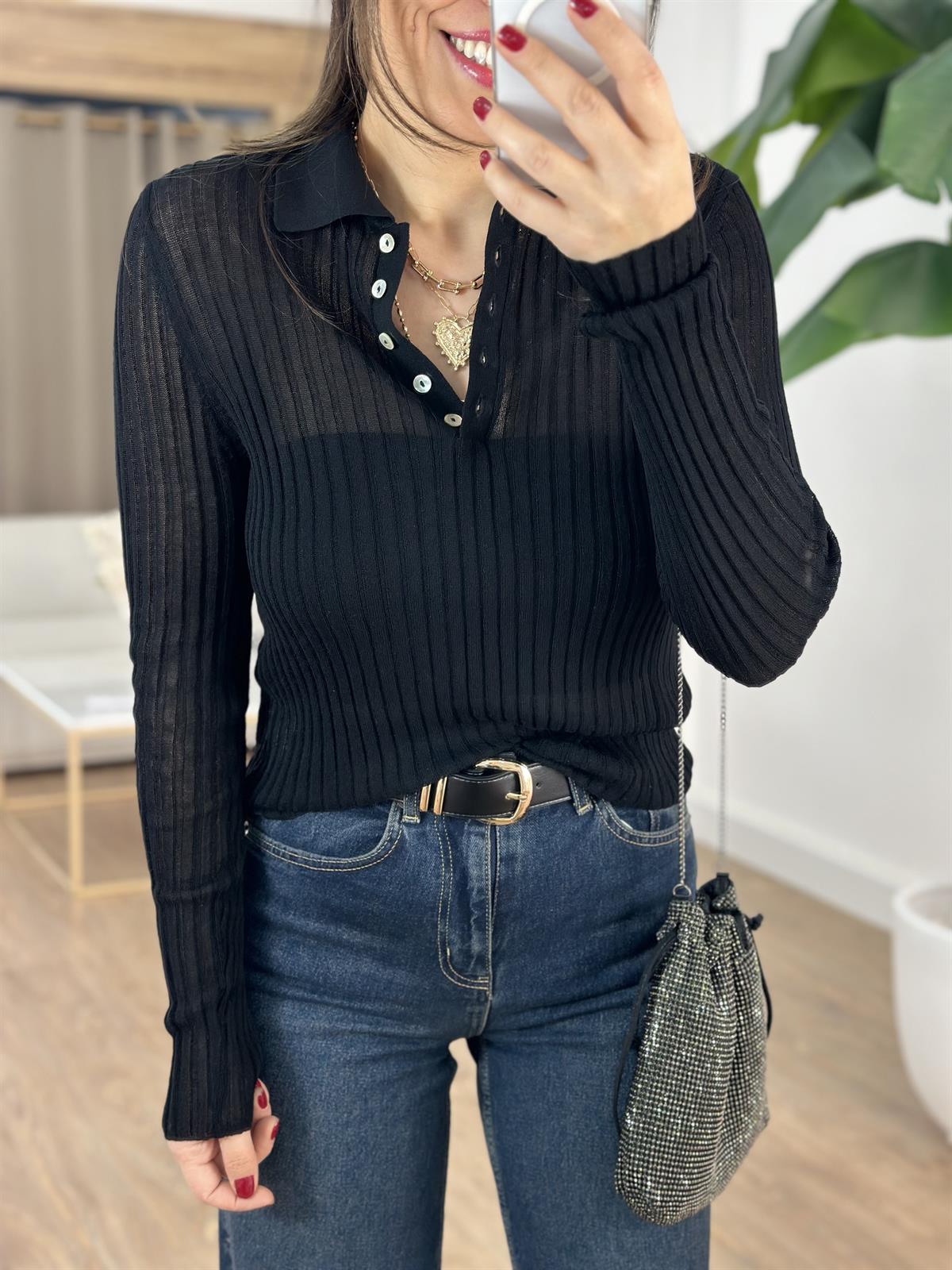 Dilvin Polo Yaka Düğmeli İnce Triko Kazak - Siyah