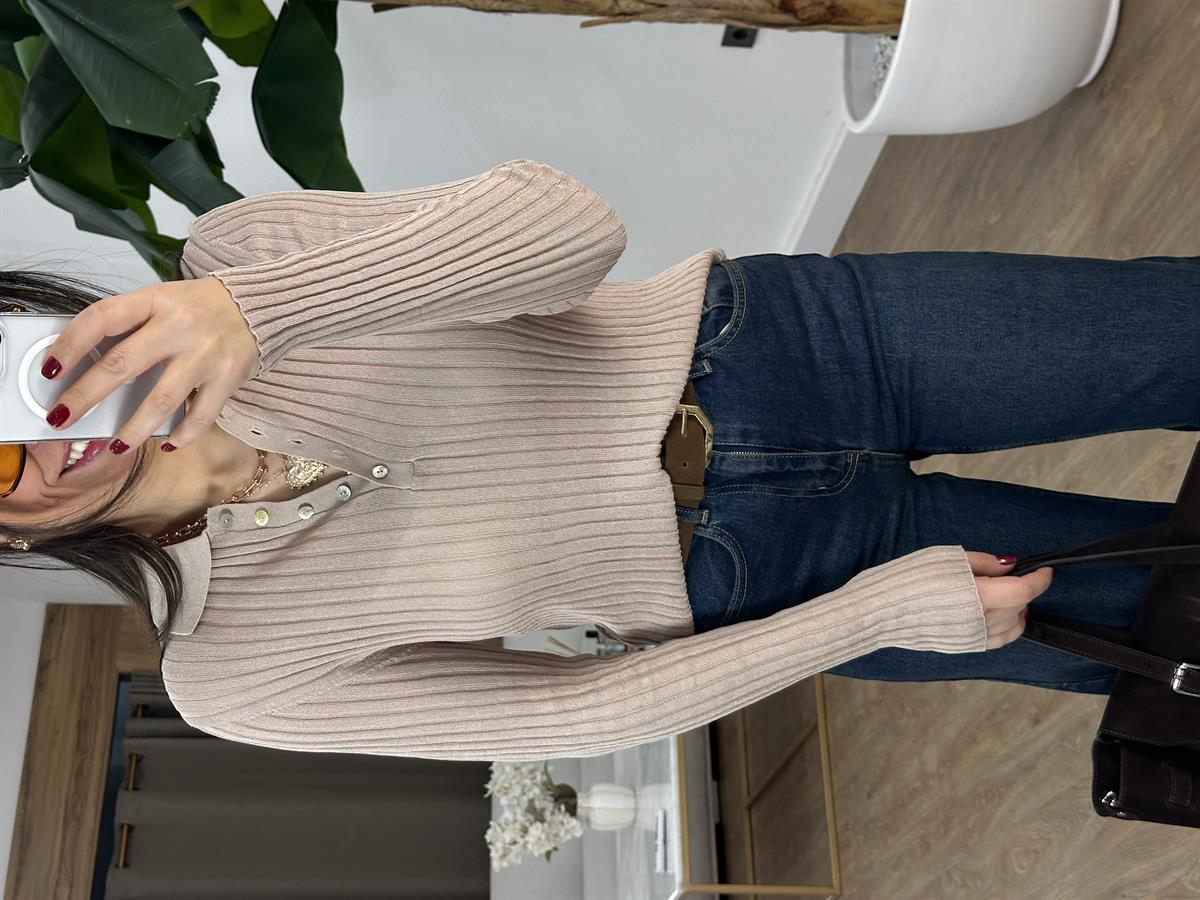 Dilvin Polo Yaka Düğmeli İnce Triko Kazak - Bej