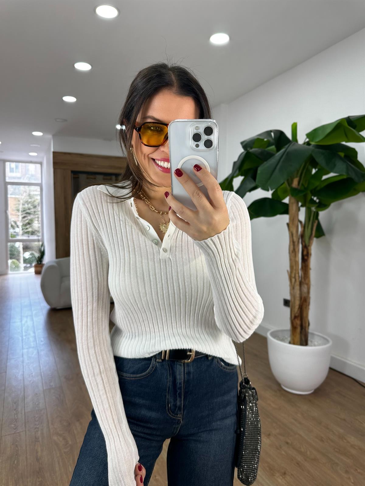 Dilvin Polo Yaka Düğmeli İnce Triko Kazak - Ekru