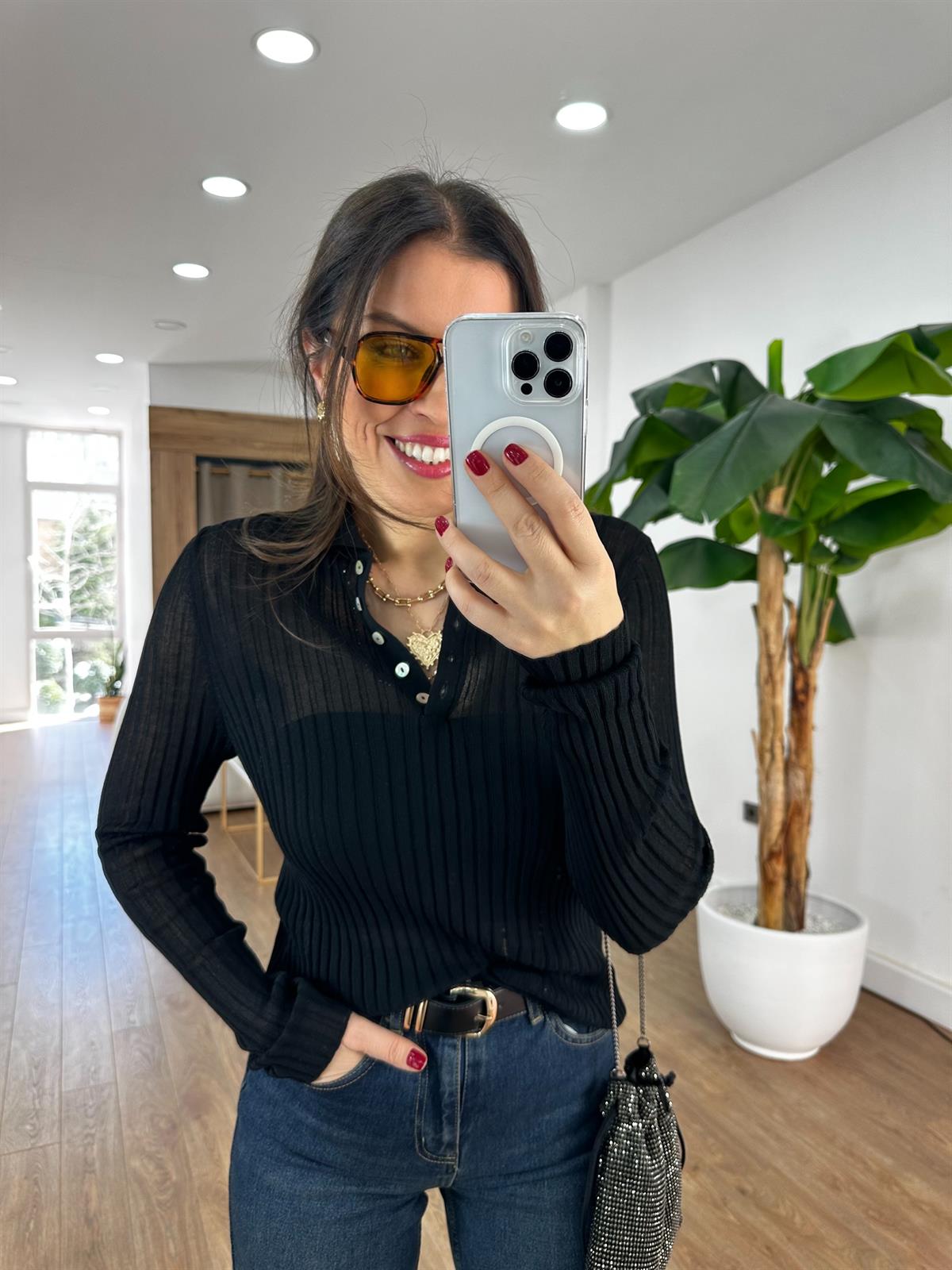 Dilvin Polo Yaka Düğmeli İnce Triko Kazak - Siyah