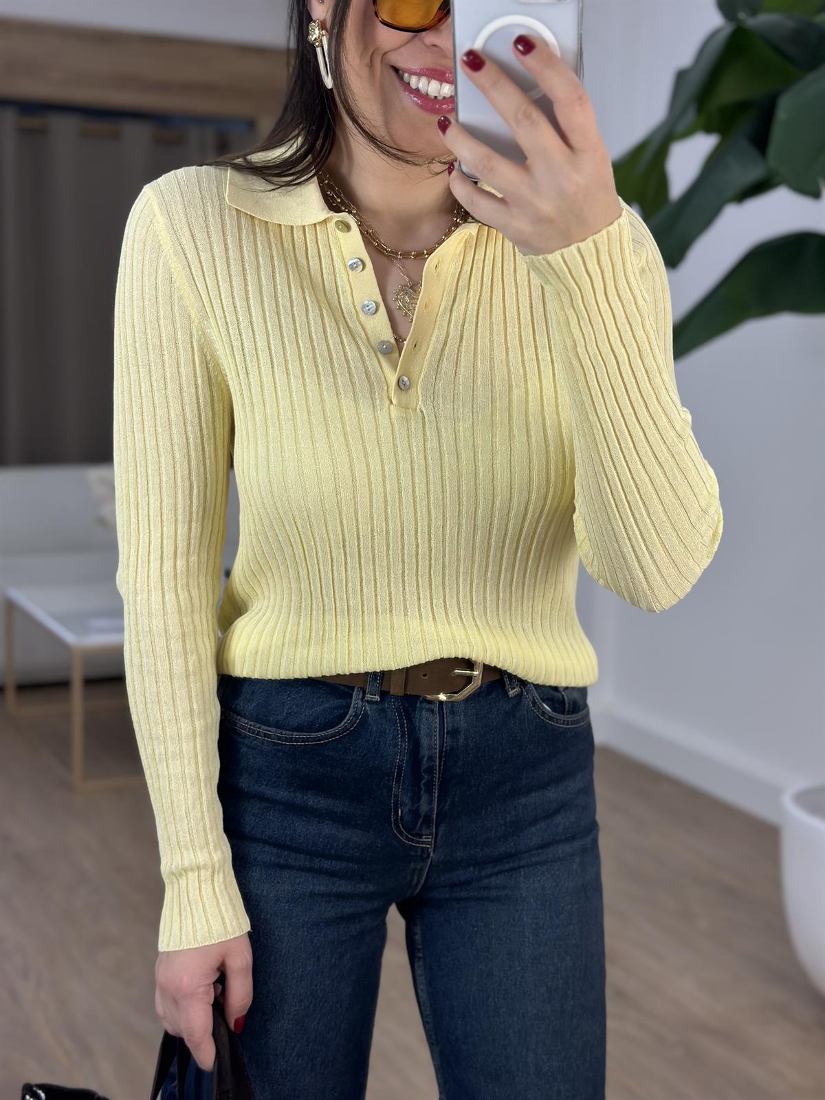 Dilvin Polo Yaka Düğmeli İnce Triko Kazak - Sarı