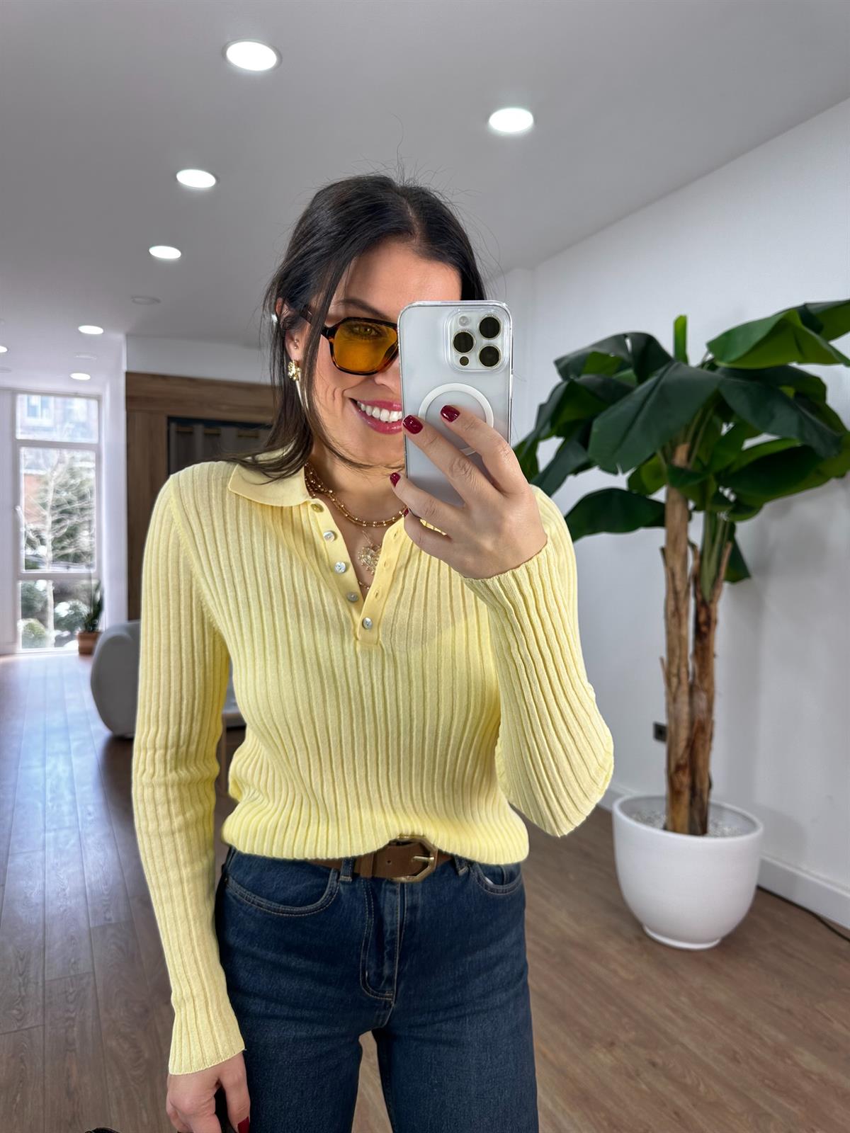 Dilvin Polo Yaka Düğmeli İnce Triko Kazak - Sarı