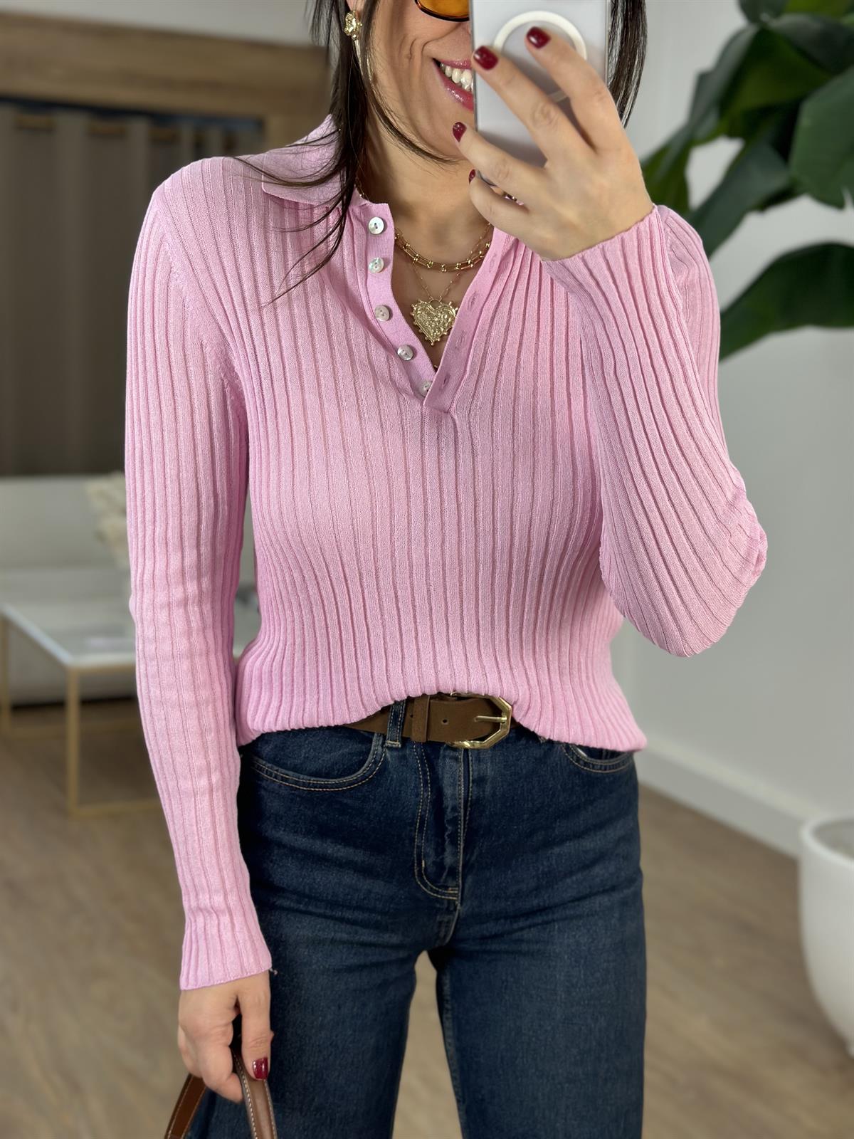 Dilvin Polo Yaka Düğmeli İnce Triko Kazak - Pembe