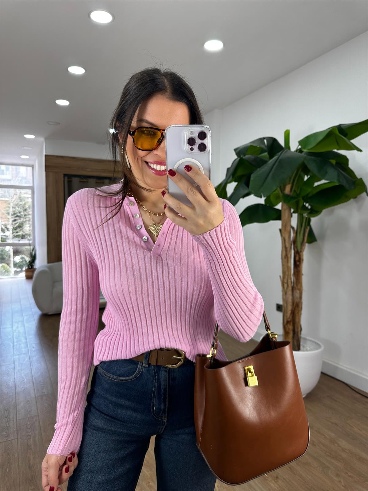 Dilvin Polo Yaka Düğmeli İnce Triko Kazak - Pembe