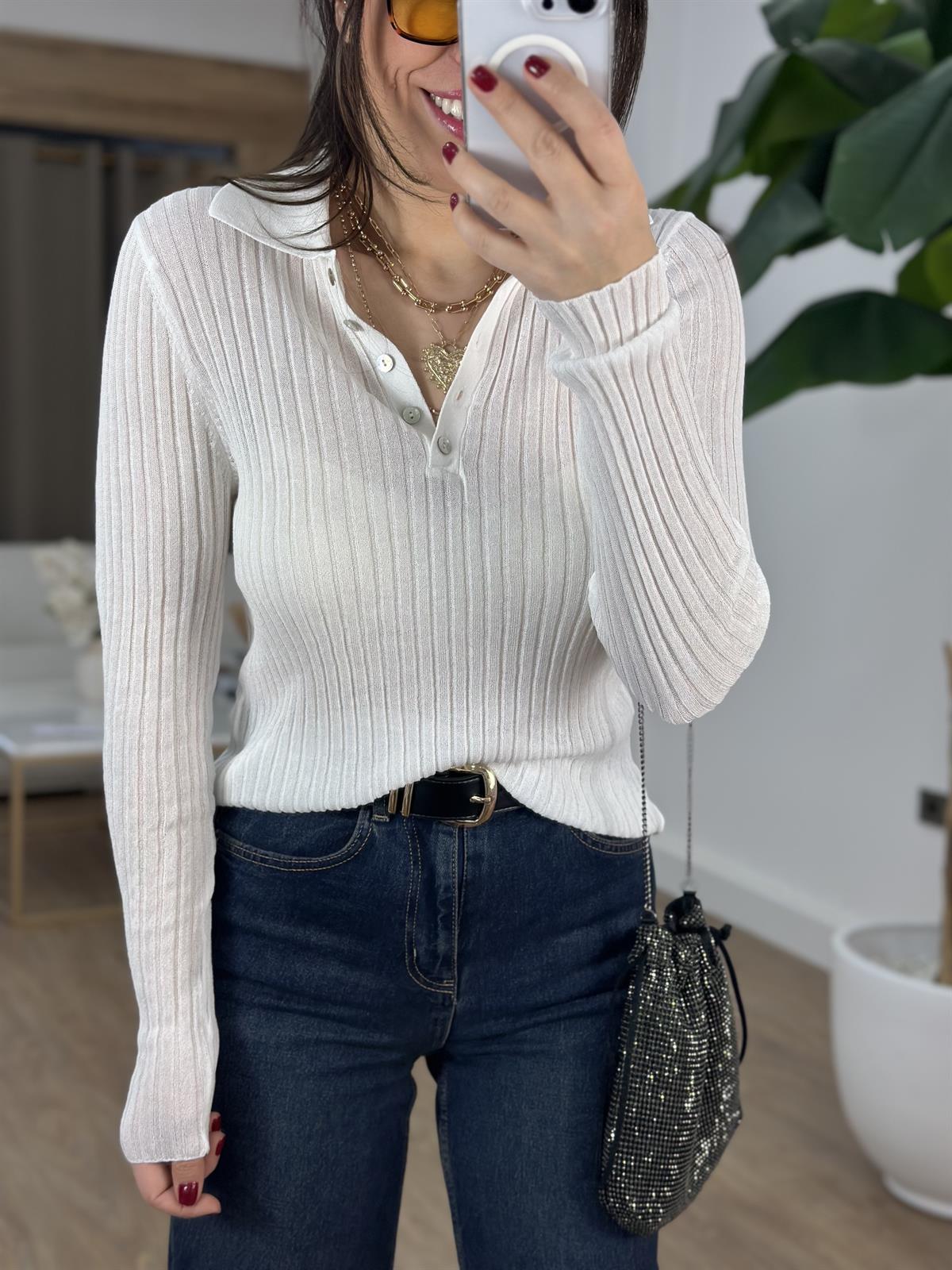 Dilvin Polo Yaka Düğmeli İnce Triko Kazak - Ekru