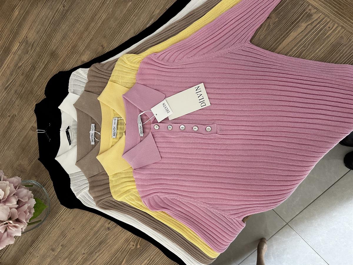 Dilvin Polo Yaka Düğmeli İnce Triko Kazak - Pembe