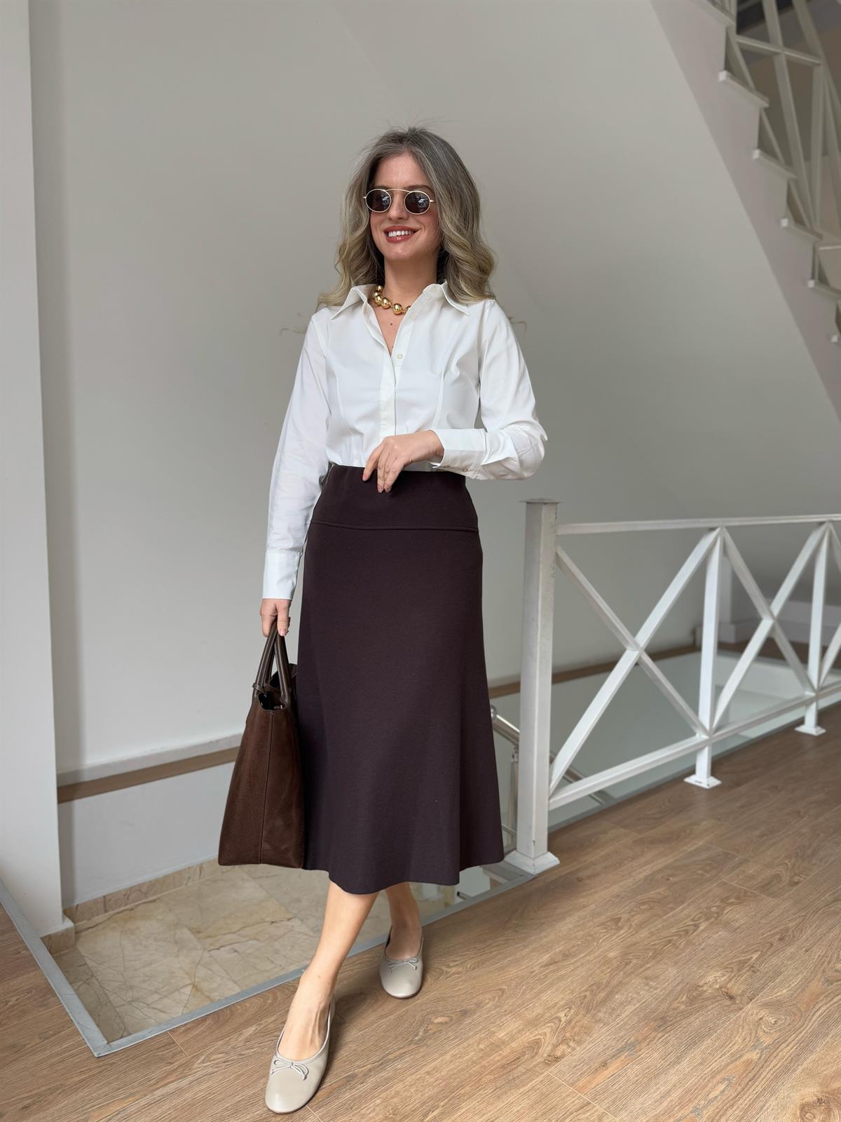 Dilvin Selanik Midi Etek - Kahve