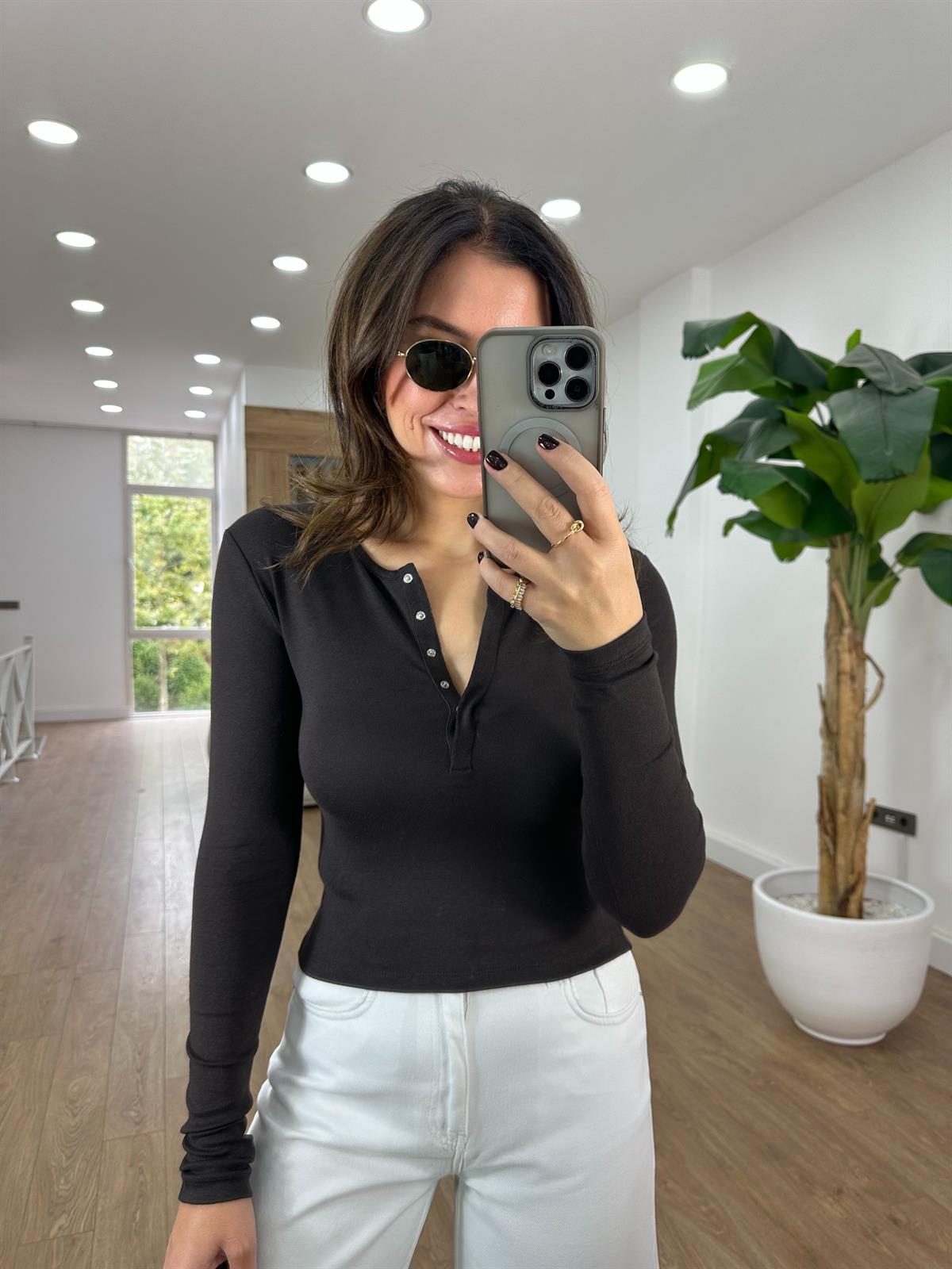 Dilvin Uzun Kollu Çıtçıt Düğmeli Top - Kahverengi