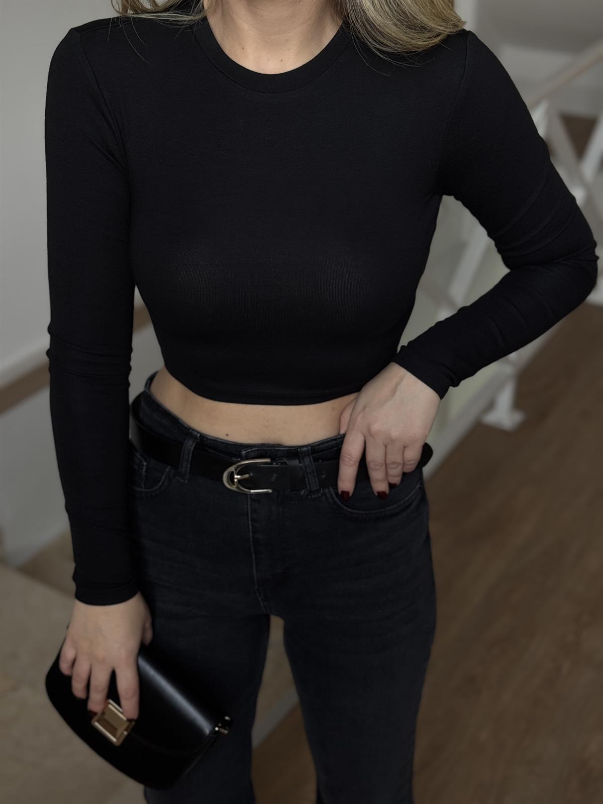 Dilvin Uzun Kollu Crop Top - Siyah