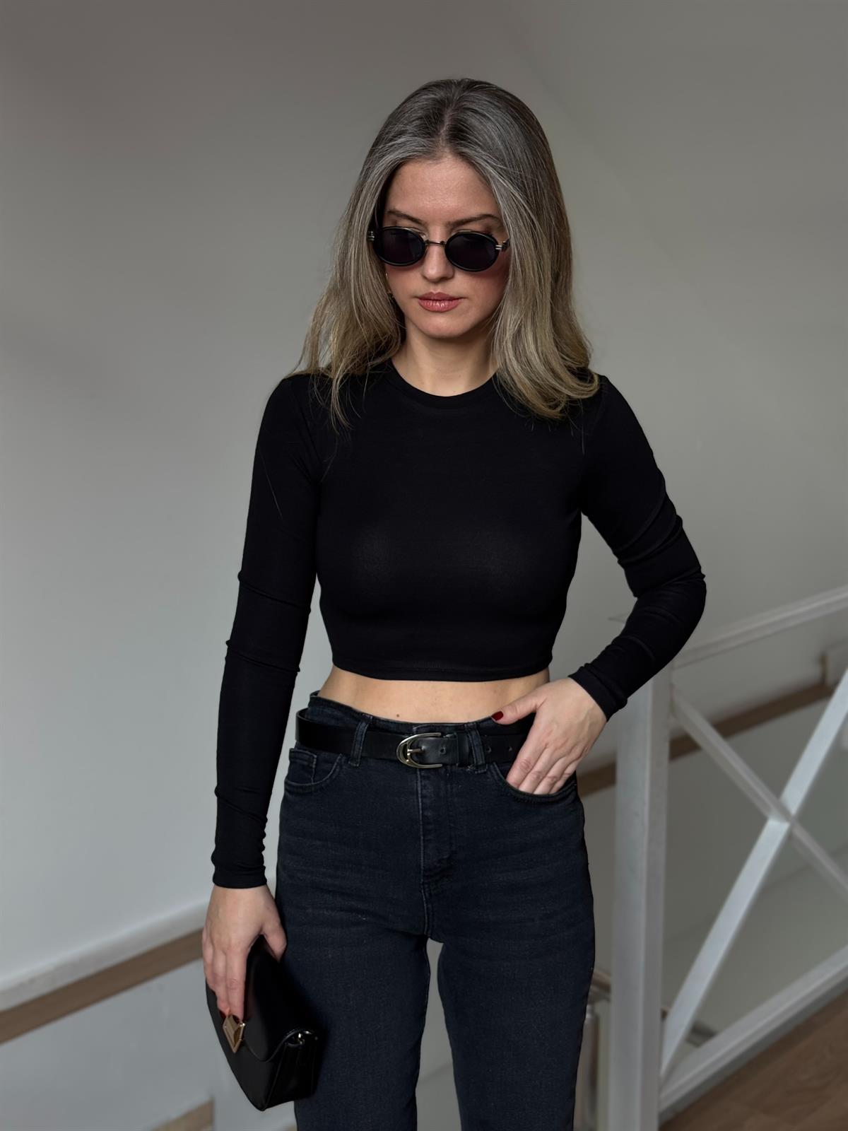 Dilvin Uzun Kollu Crop Top - Siyah