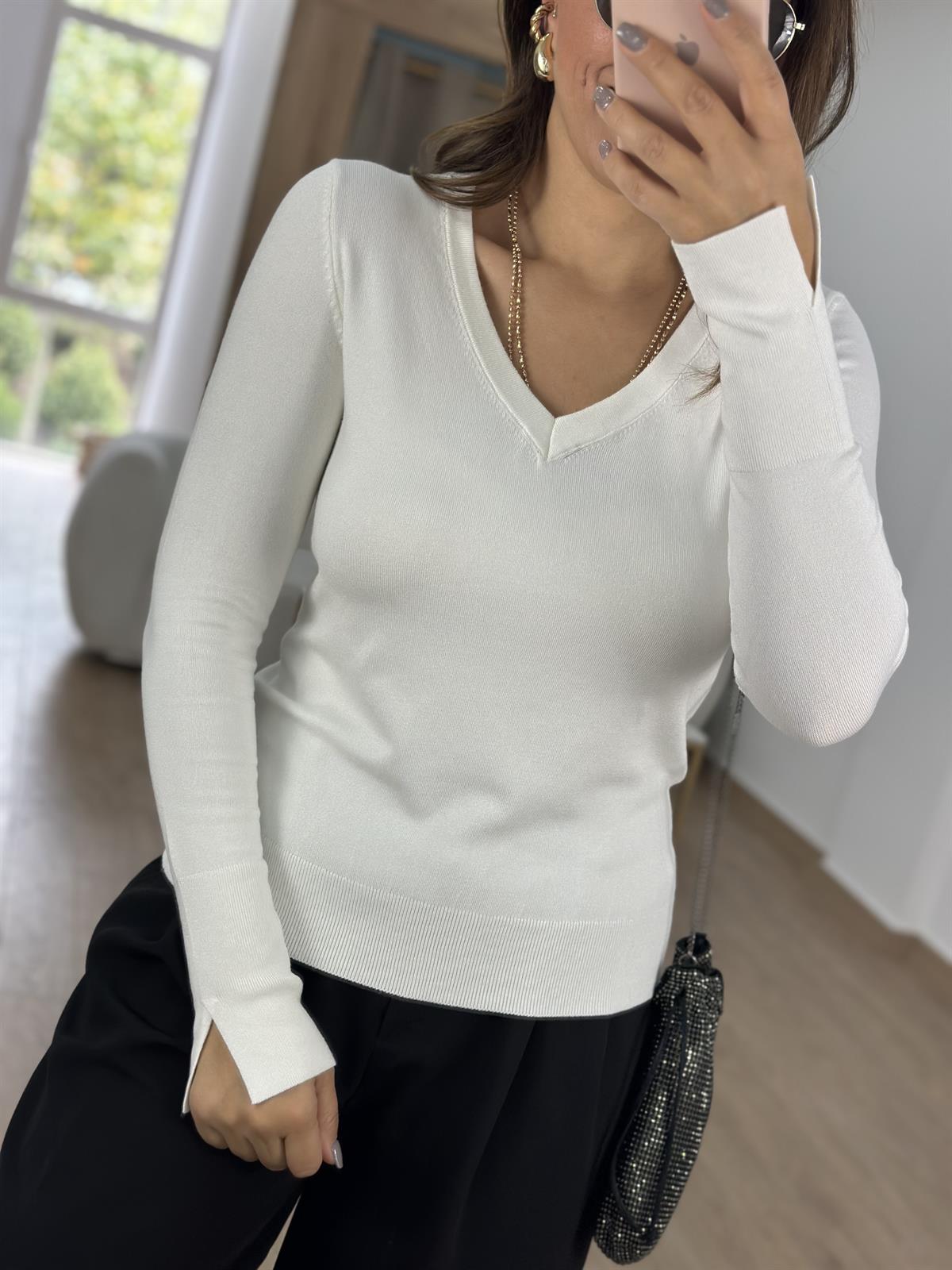 Dilvin V Yaka Kolu Yırtmaçlı Kazak-Ekru