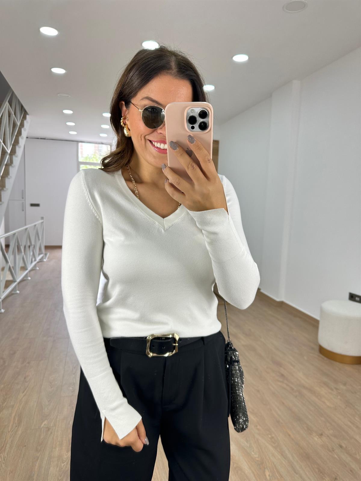 Dilvin V Yaka Kolu Yırtmaçlı Kazak-Ekru