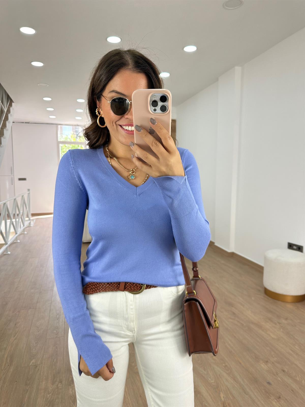 Dilvin V Yaka Kolu Yırtmaçlı Triko-Eflatun