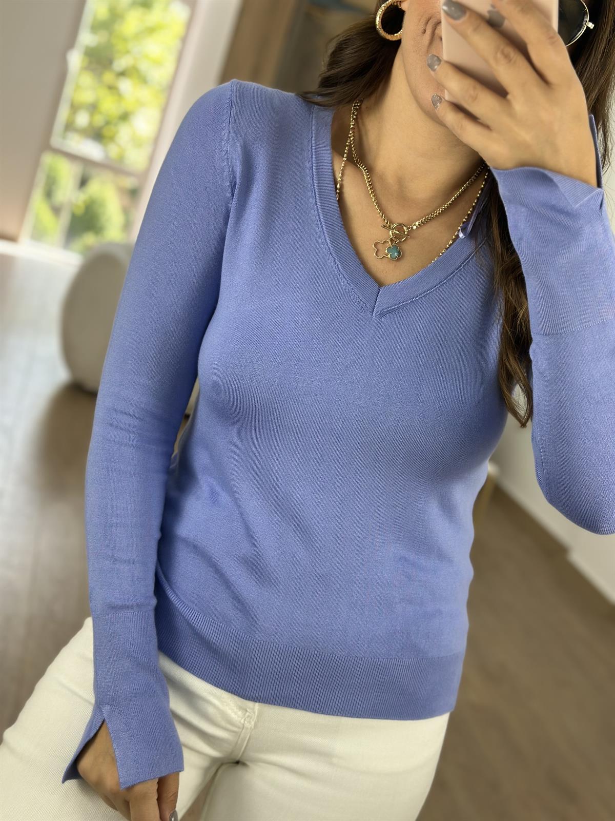 Dilvin V Yaka Kolu Yırtmaçlı Triko-Eflatun