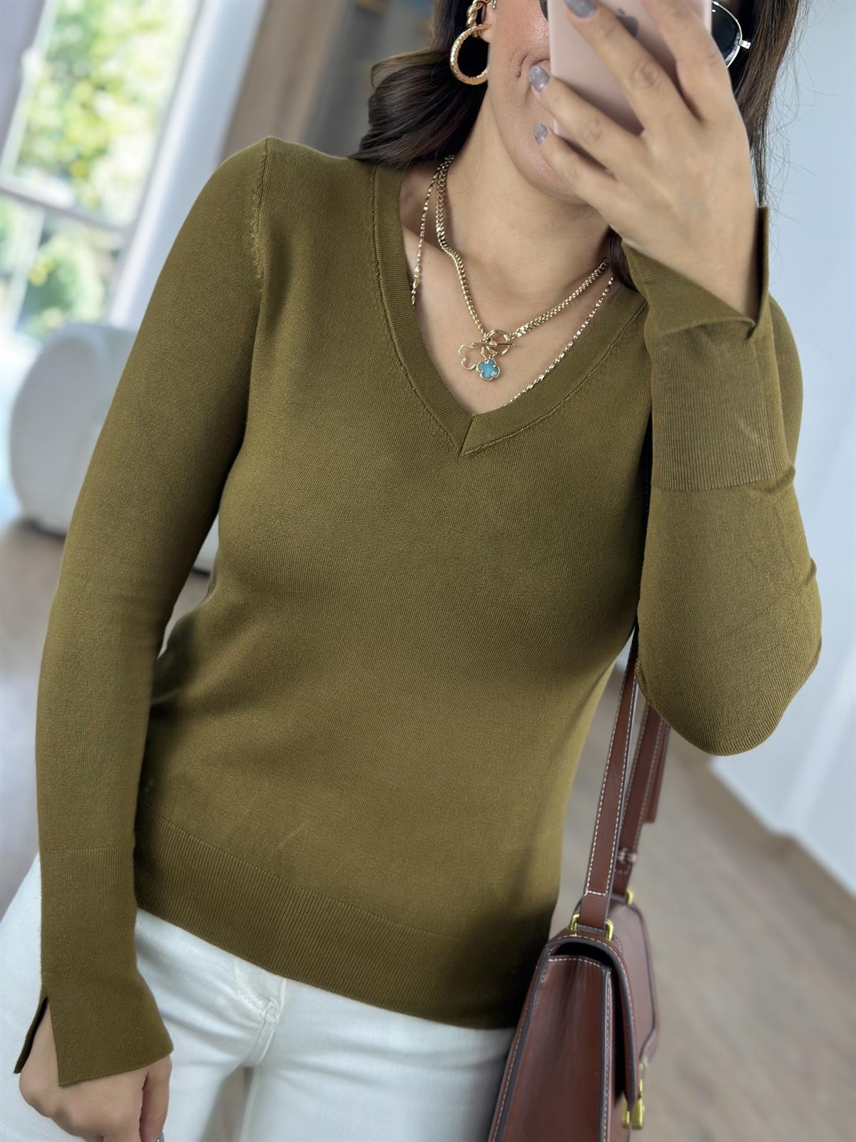 Dilvin V Yaka Kolu Yırtmaçlı Triko-Haki-