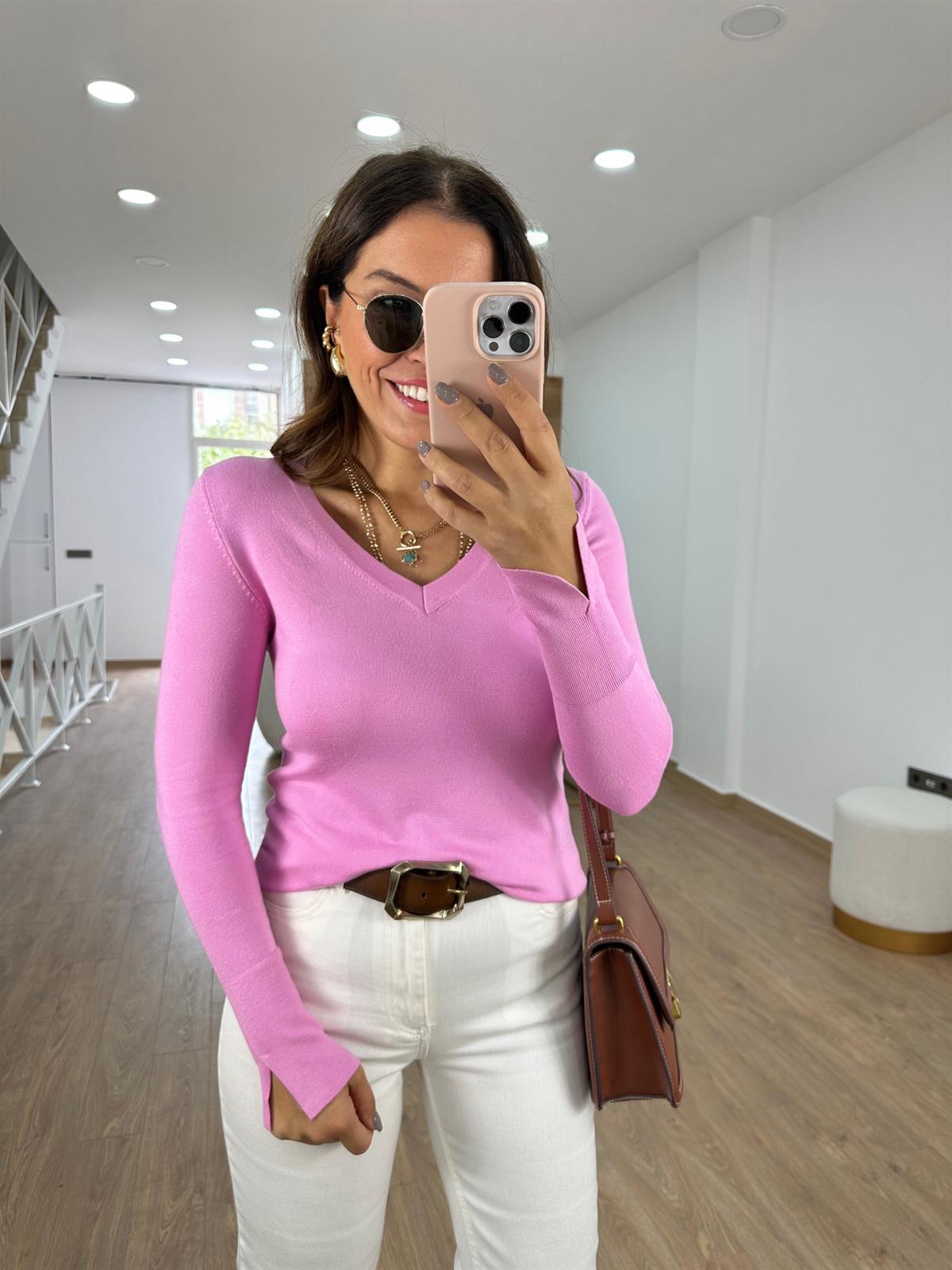 Dilvin V Yaka Kolu Yırtmaçlı Triko-Pembe