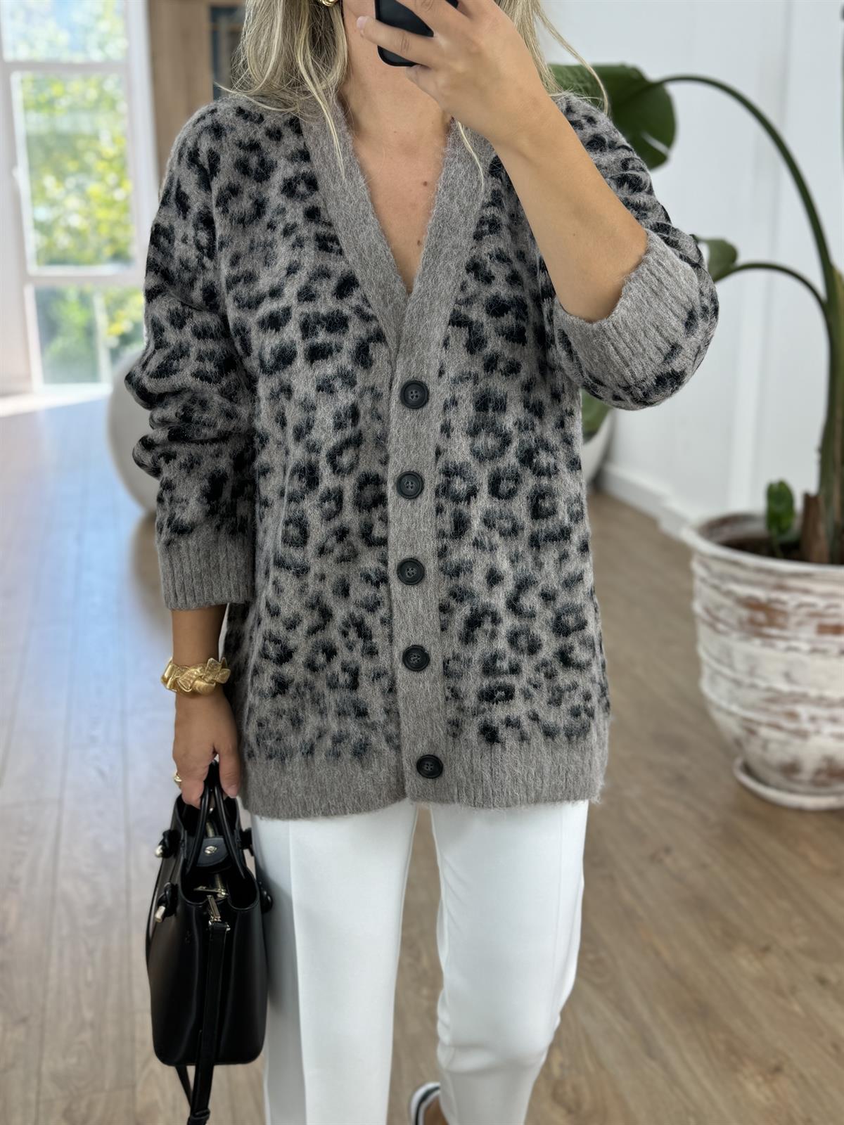 Dilvin V Yaka Leopar Şardonlu Triko Hırka 