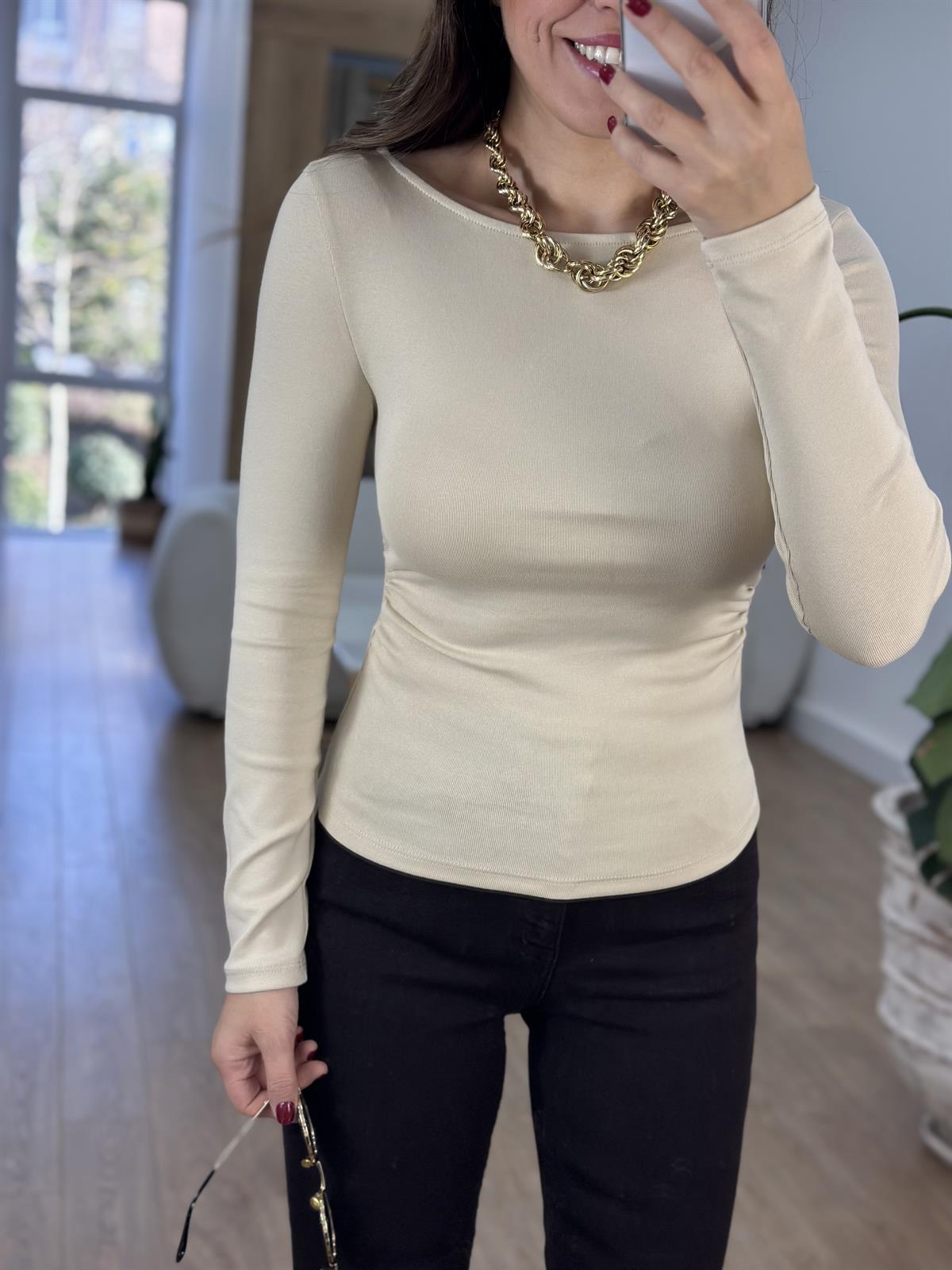 Dilvin Yanı Büzgülü Pamuklu Bluz - Açık Bej