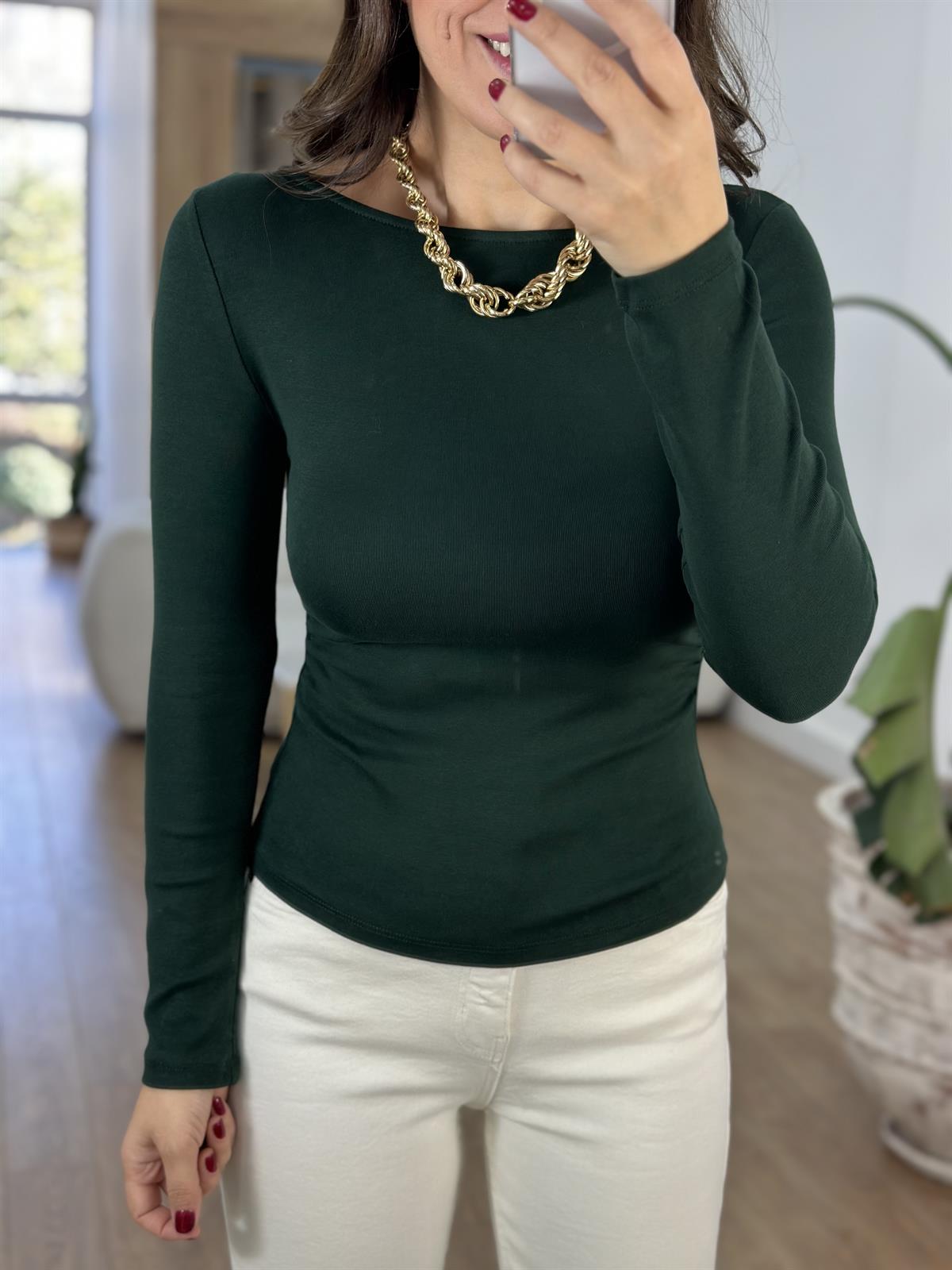 Dilvin Yanı Büzgülü Pamuklu Bluz - Nefti Yeşil