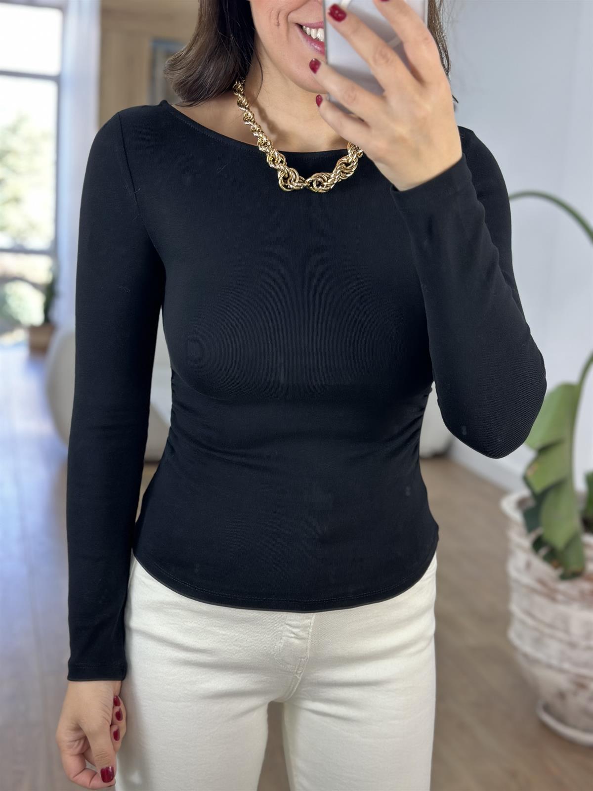 Dilvin Yanı Büzgülü Pamuklu Bluz - Siyah