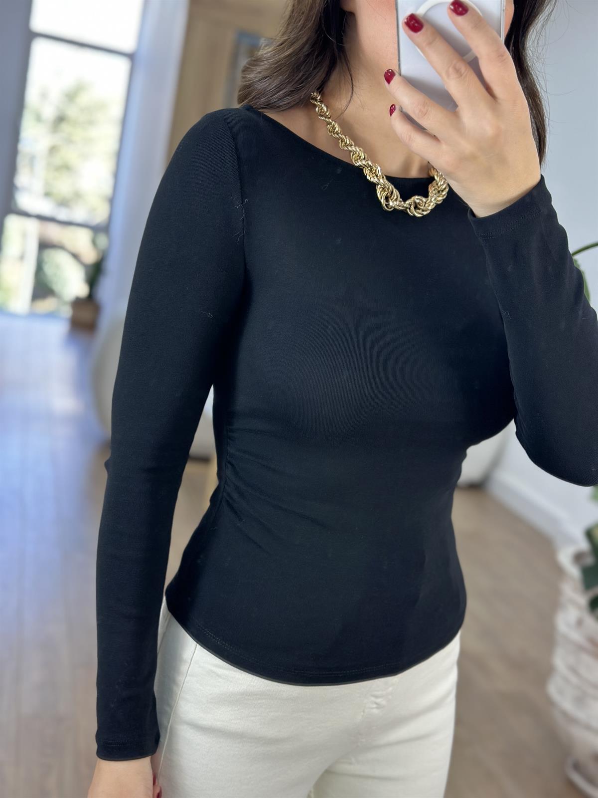 Dilvin Yanı Büzgülü Pamuklu Bluz - Siyah