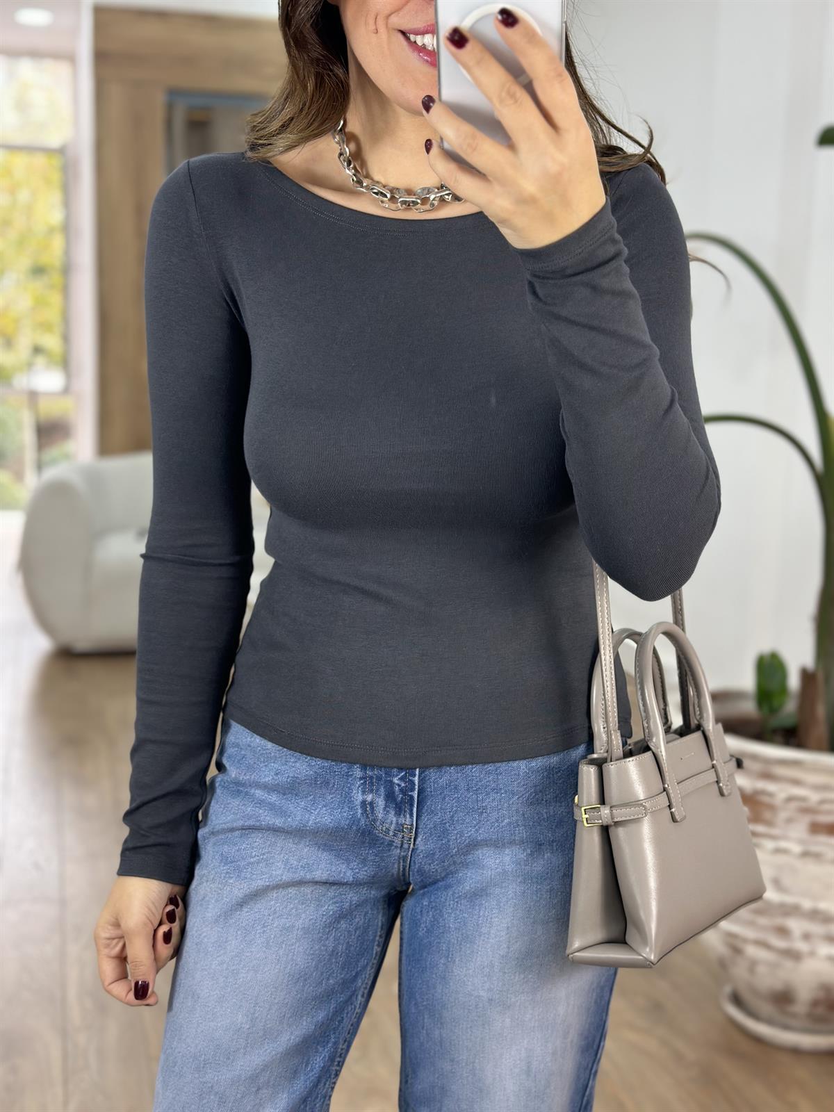 Dilvin Kayık Yaka Uzun Kol Basic -  Antrasit