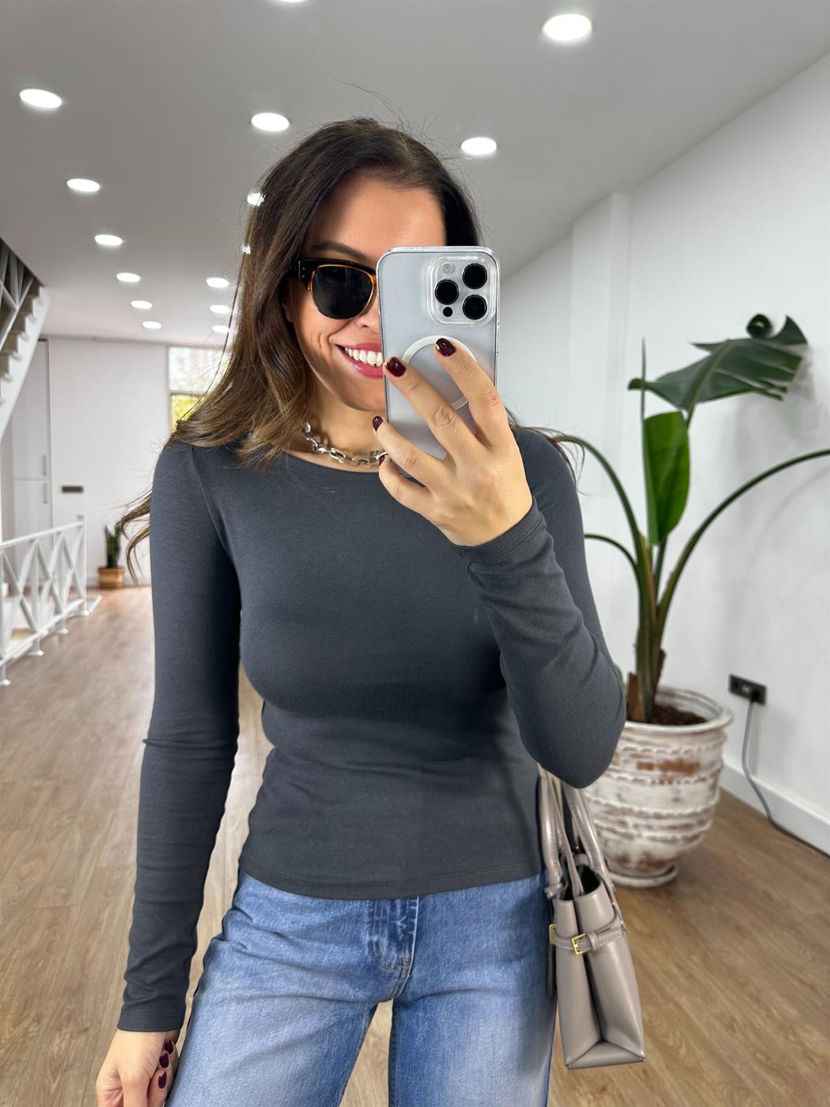 Dilvin Kayık Yaka Uzun Kol Basic -  Antrasit