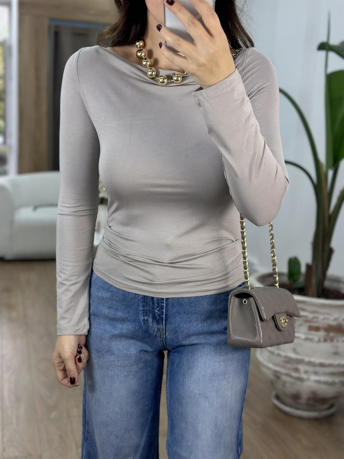 Dilvin Yanı Büzgülü Uzun Kollu Basic - Taş