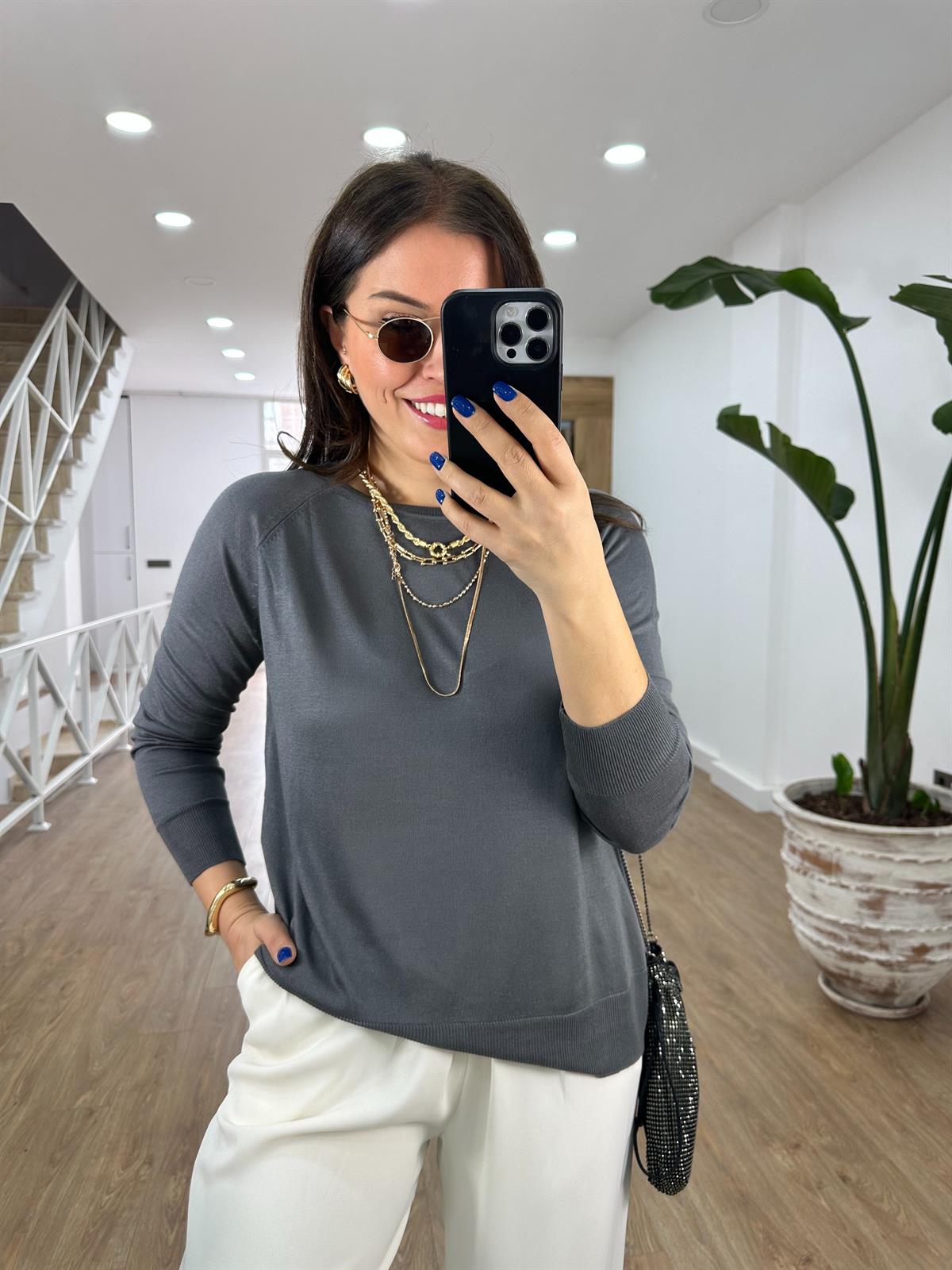 Dilvin Yanı Yırtmaçlı İnce Triko--Gri