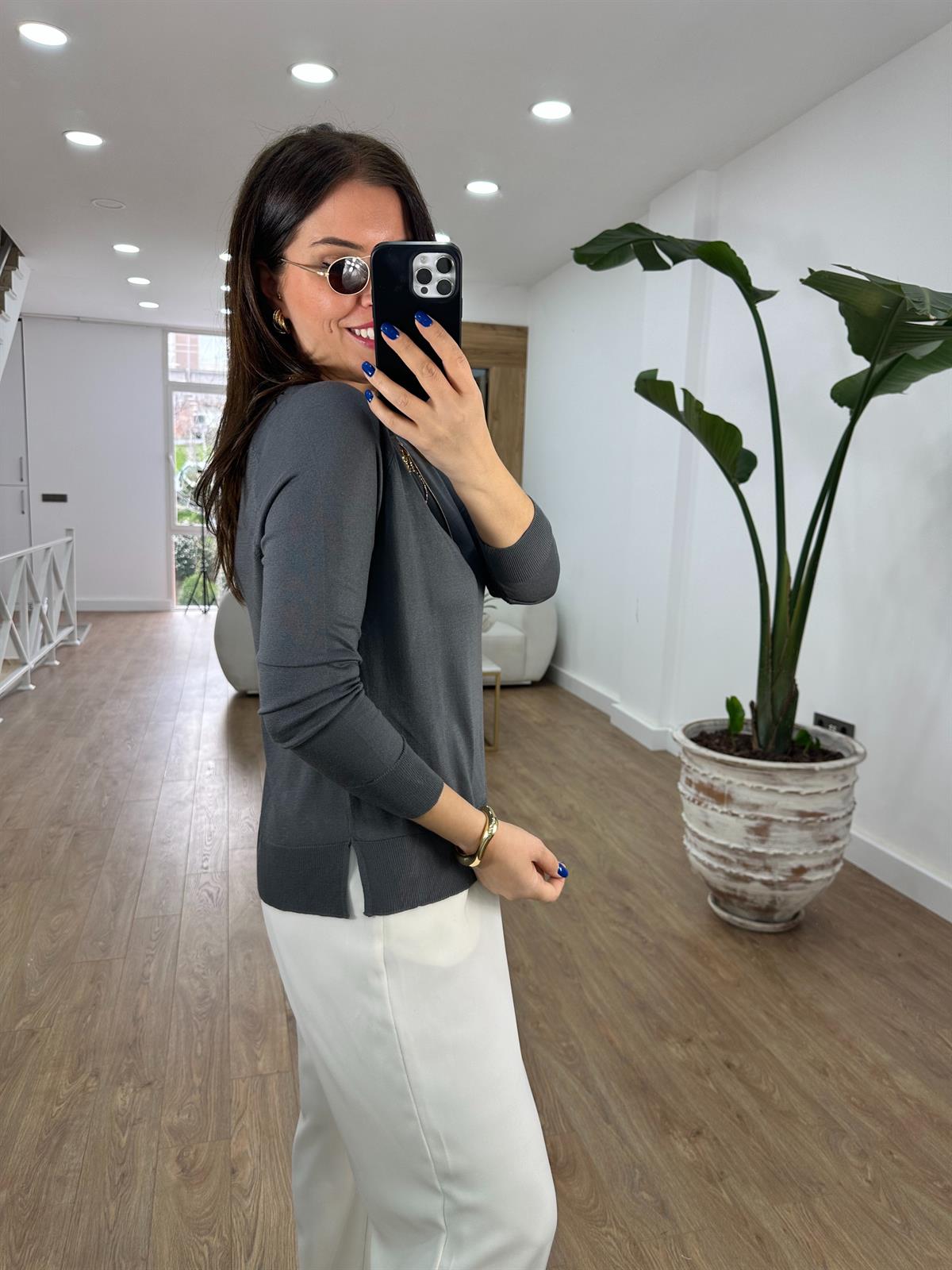 Dilvin Yanı Yırtmaçlı İnce Triko--Gri