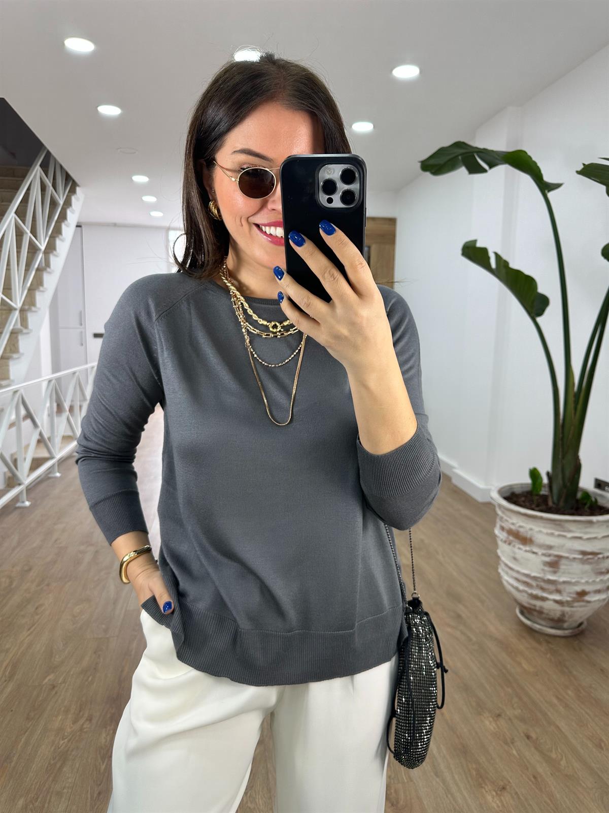 Dilvin Yanı Yırtmaçlı İnce Triko--Gri