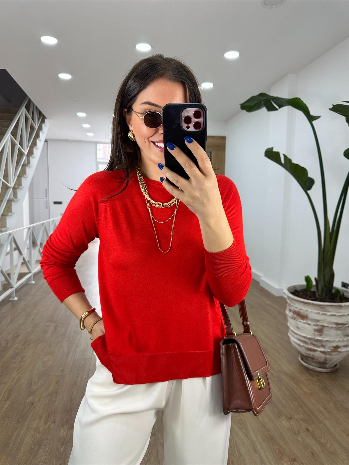 Dilvin Yanı Yırtmaçlı İnce Triko-Kırmızı