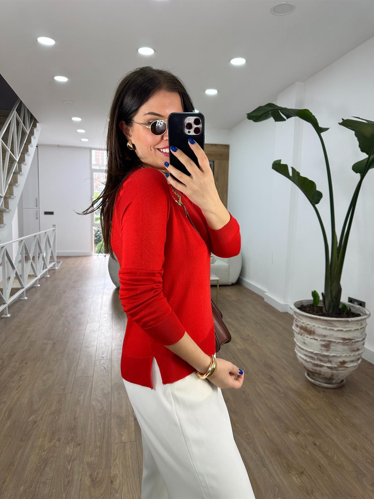 Dilvin Yanı Yırtmaçlı İnce Triko-Kırmızı