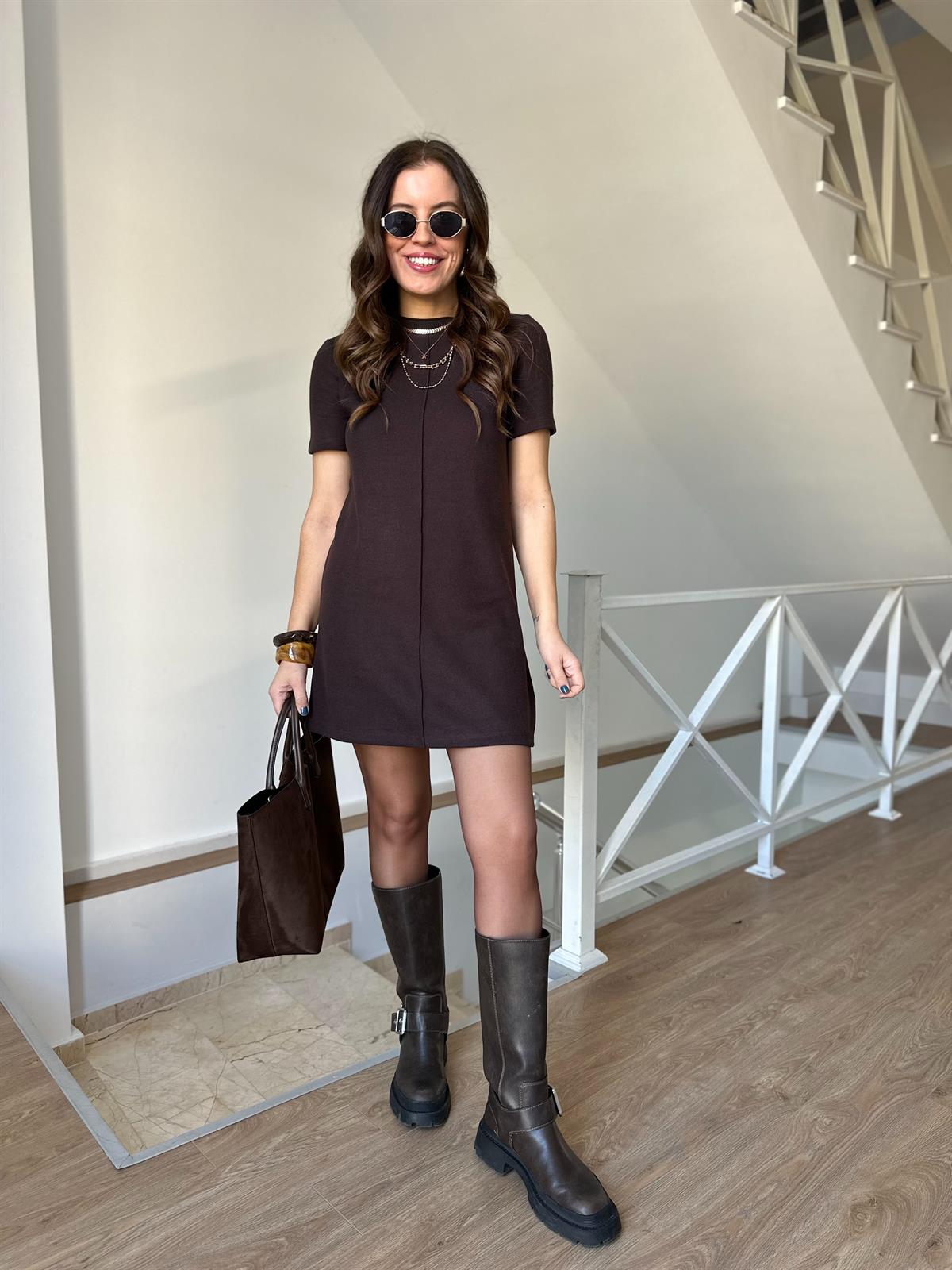 Dilvin Yumuşak Mini Elbise - Kahverengi