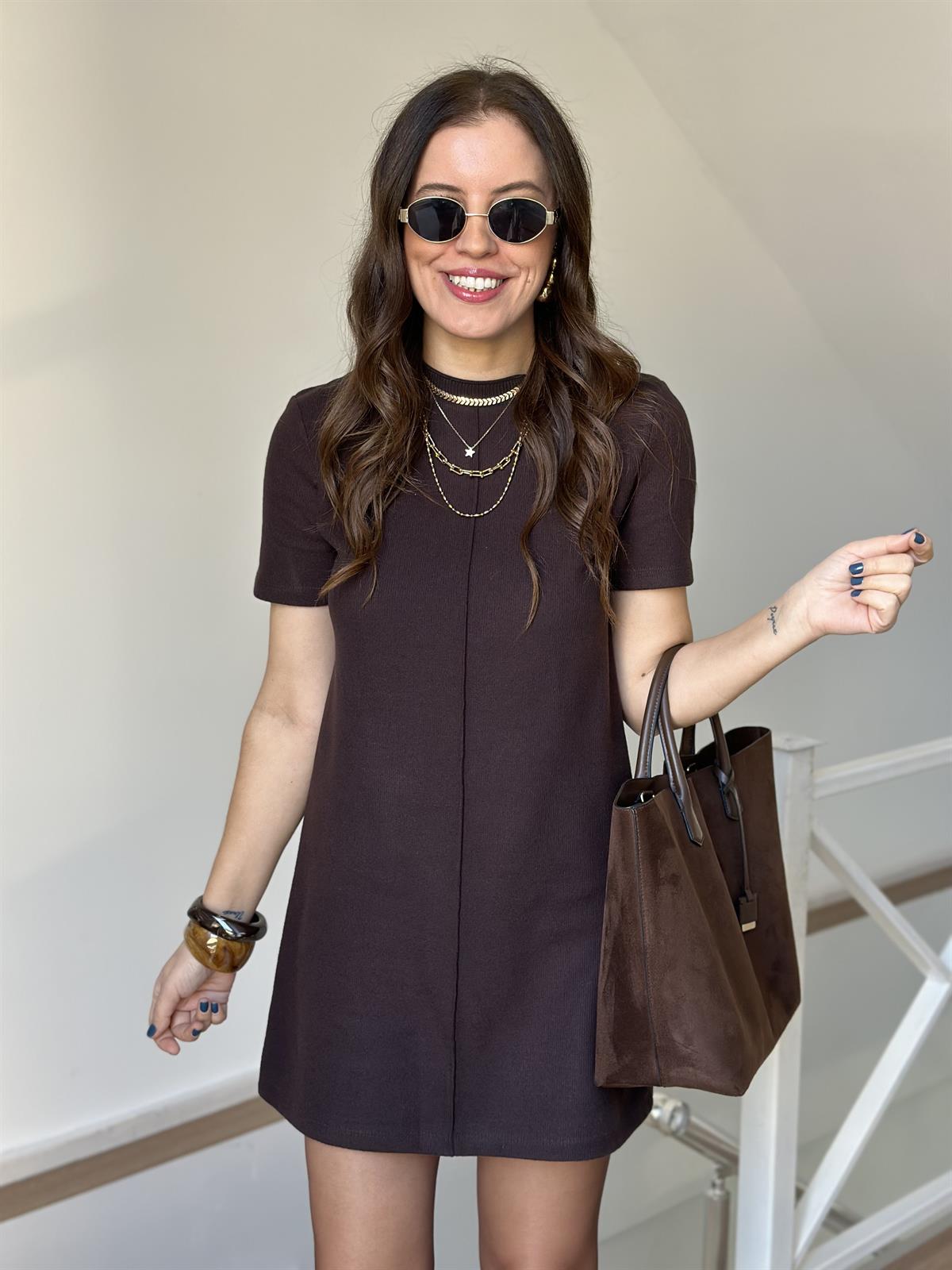 Dilvin Yumuşak Mini Elbise - Kahverengi