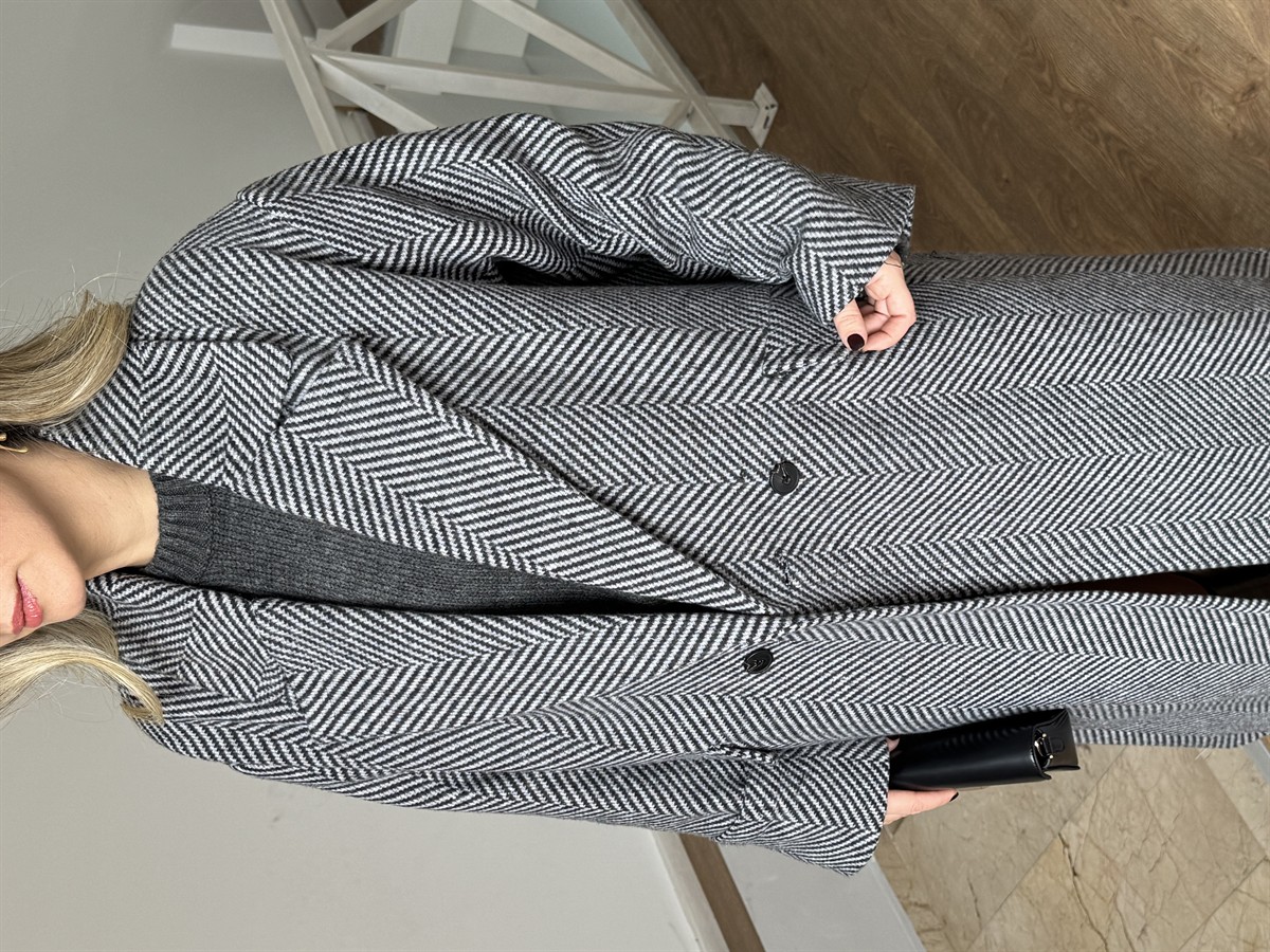 Dinant Kırçıllı Oversize Kaşe Kaban - Beyaz/Siyah