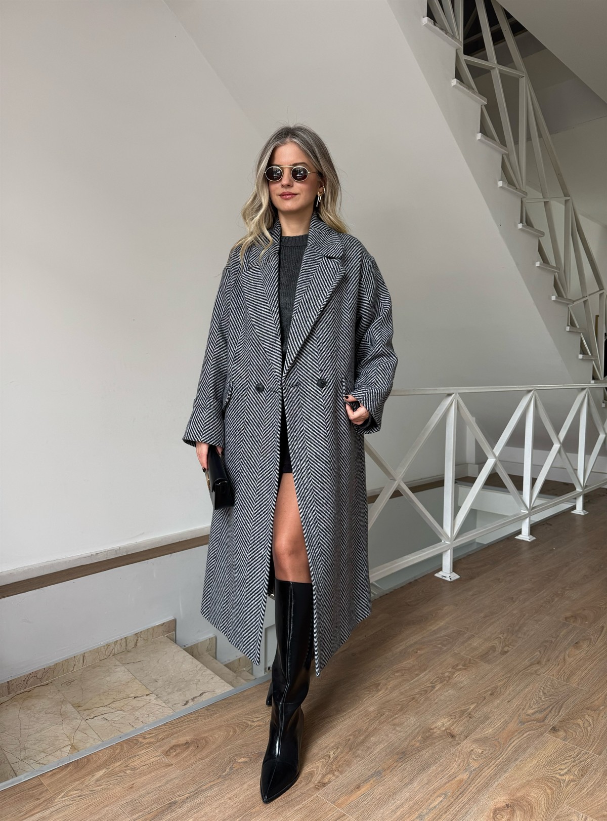 Dinant Kırçıllı Oversize Kaşe Kaban - Beyaz/Siyah