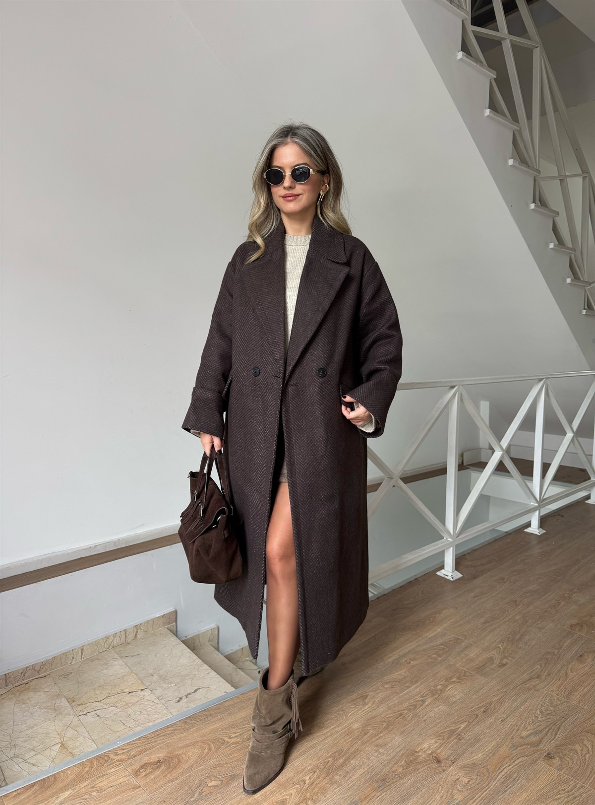 Dinant Kırçıllı Oversize Kaşe Kaban - Kahverengi