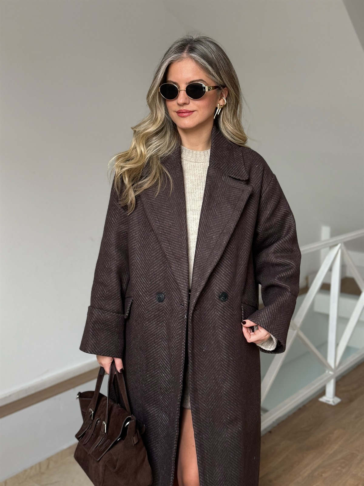 Dinant Kırçıllı Oversize Kaşe Kaban - Kahverengi