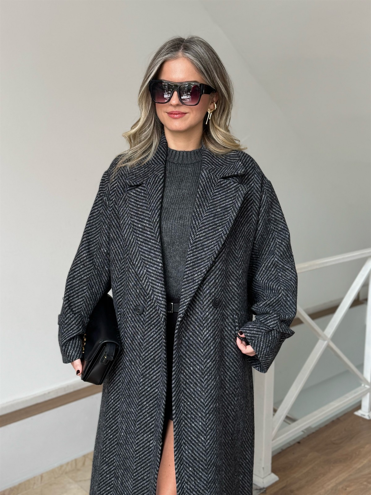 Dinant Kırçıllı Oversize Kaşe Kaban - Siyah/Beyaz