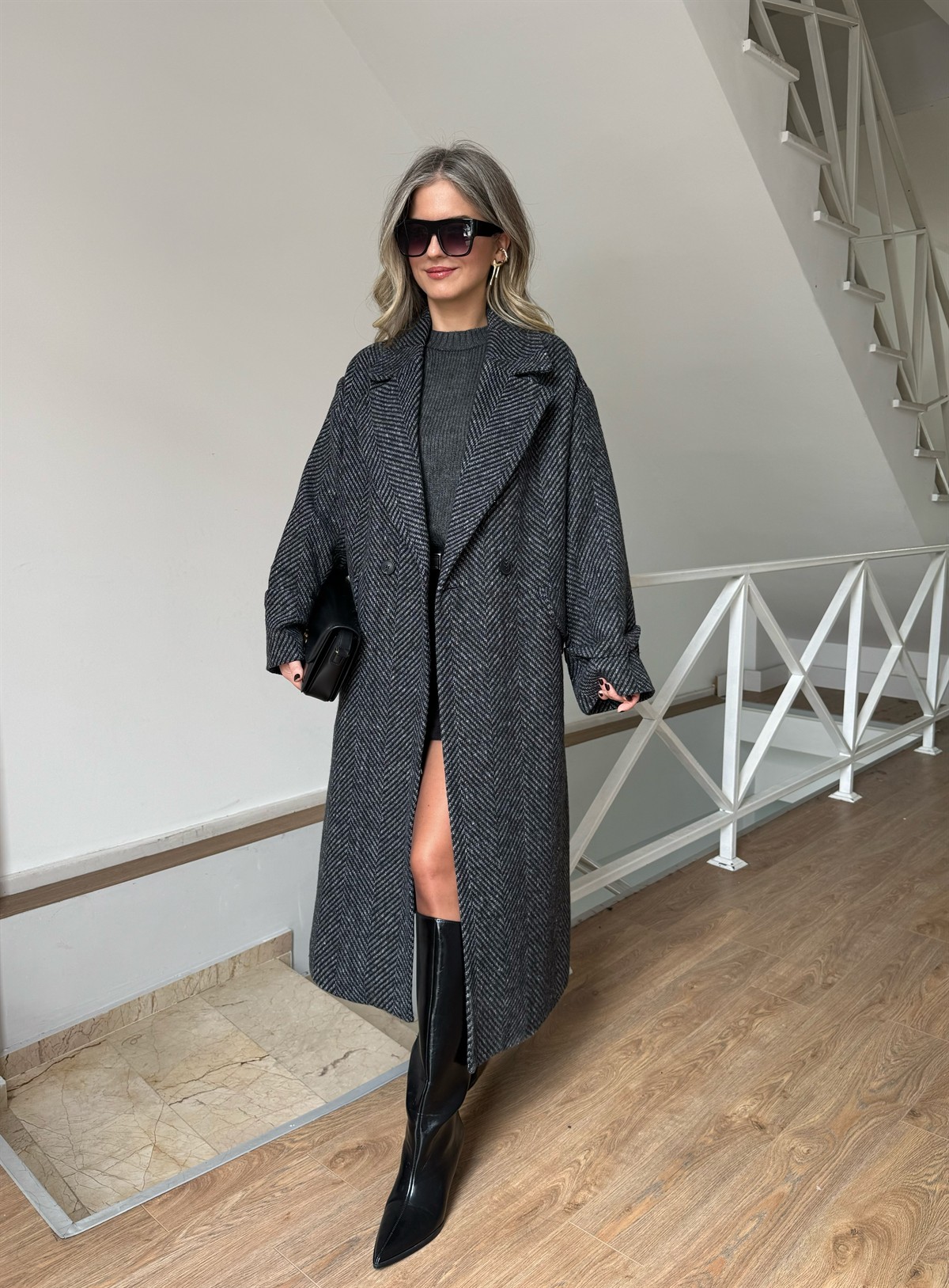 Dinant Kırçıllı Oversize Kaşe Kaban - Siyah/Beyaz