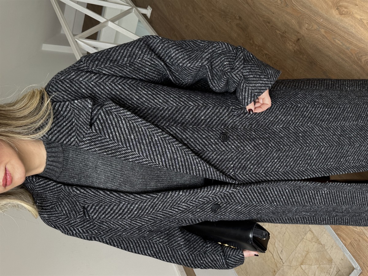 Dinant Kırçıllı Oversize Kaşe Kaban - Siyah/Beyaz