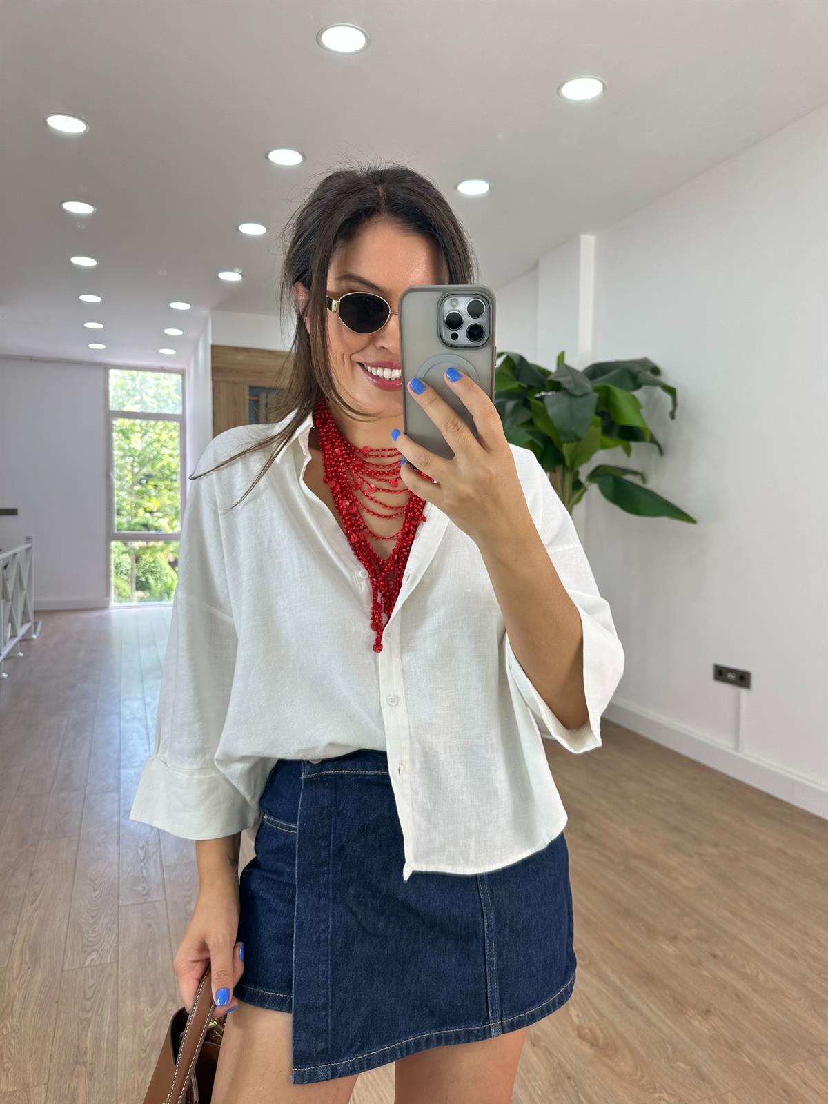 Double Kol Keten Gömlek - Beyaz