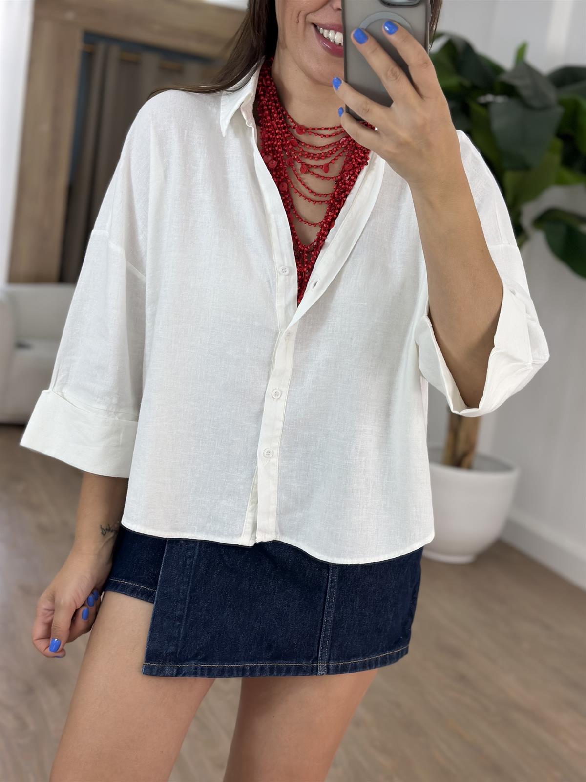 Double Kol Keten Gömlek - Beyaz