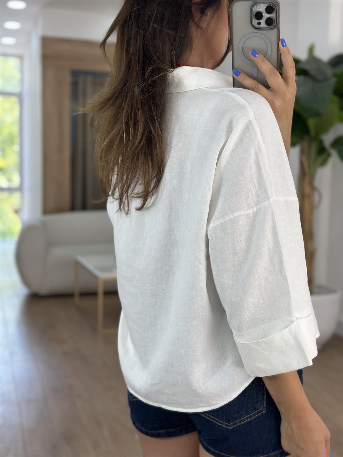 Double Kol Keten Gömlek - Beyaz