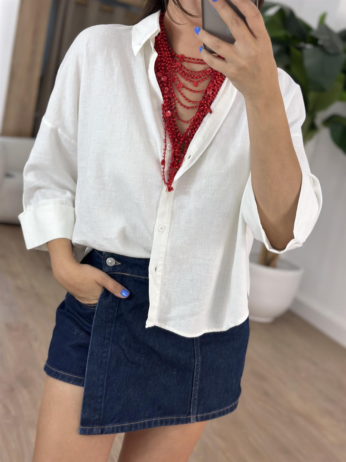 Double Kol Keten Gömlek - Beyaz